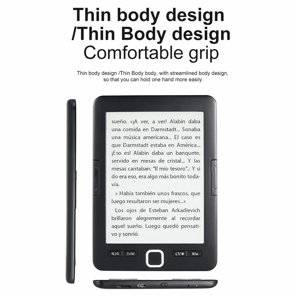 docooler 6-calowy czytnik e-booków, antyodblaskowy i przyjazny dla oczu, z etui ochronnym, wyświetlaczem LED, lekki, Audio i wideo, czytnik PDF, czarny