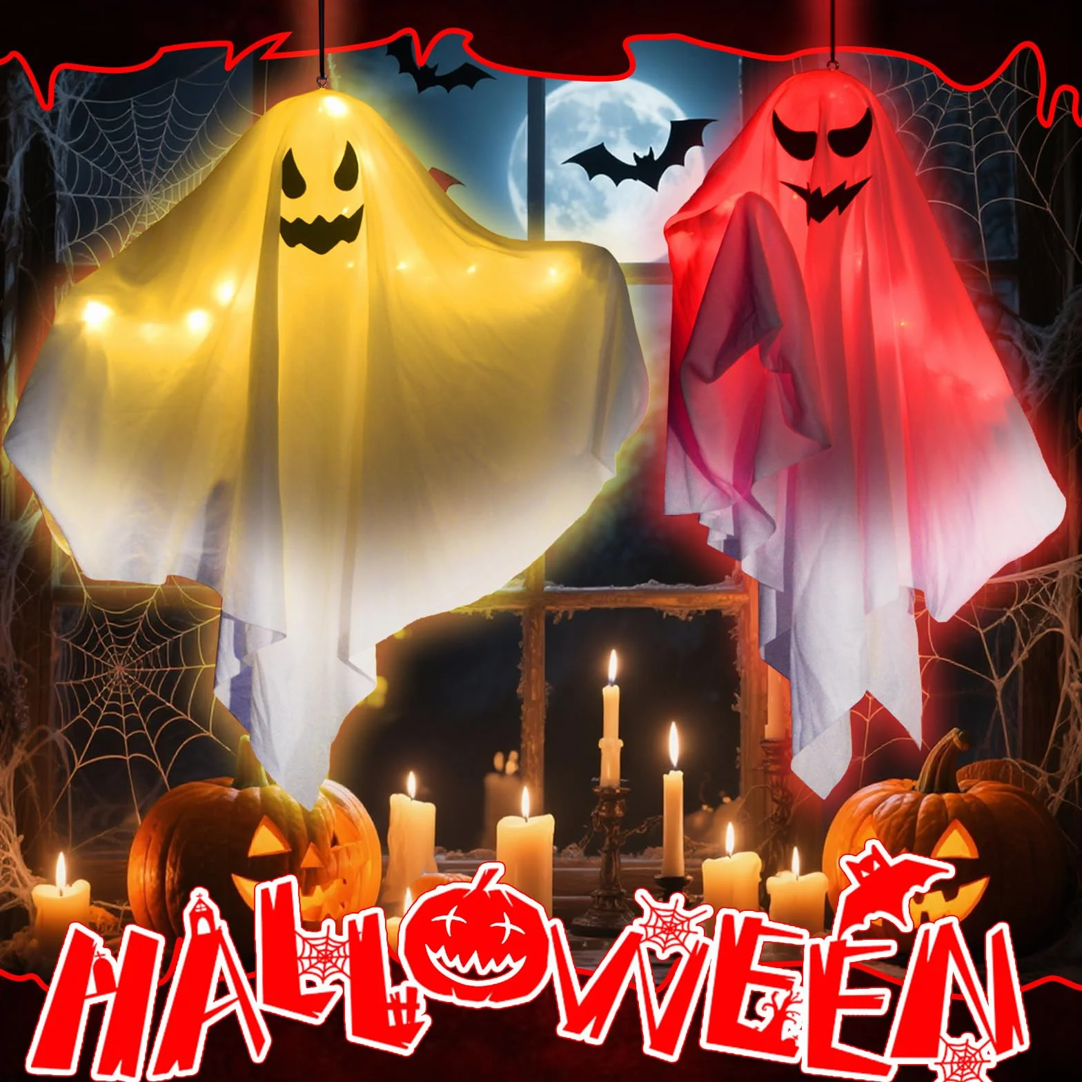 Dekoracyjne duchy LED na Halloween, dekoracja wisząca, 4 sztuki