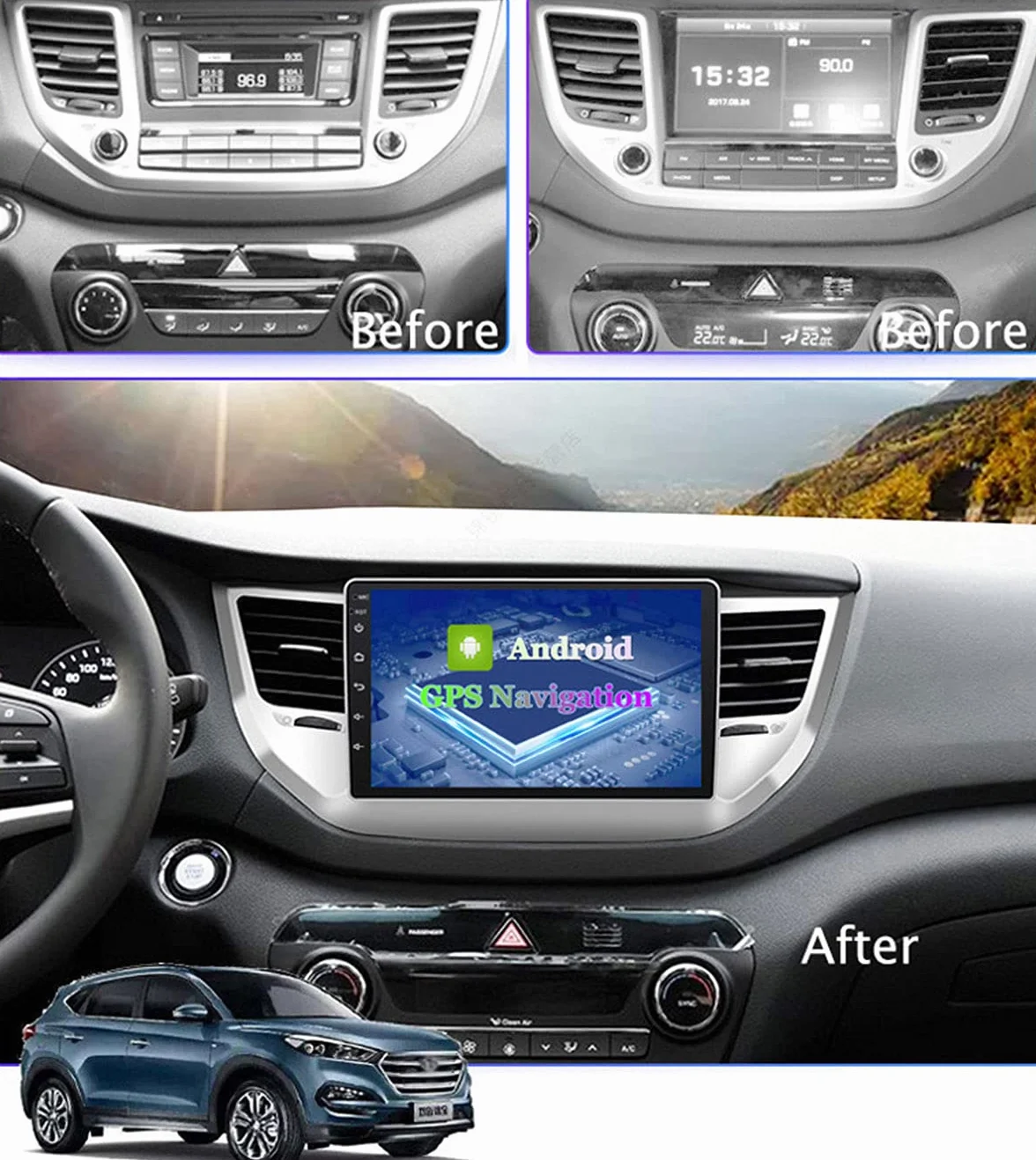 Nawigacja GPS do samochodu, mapy 2021 z bezpłatną dożywotnią aktualizacją, system nawigacji z odbiornikiem FM z ekranem dotykowym 9.0" HD 1080P, dla HYUNDAI TUCSON 2015-2018