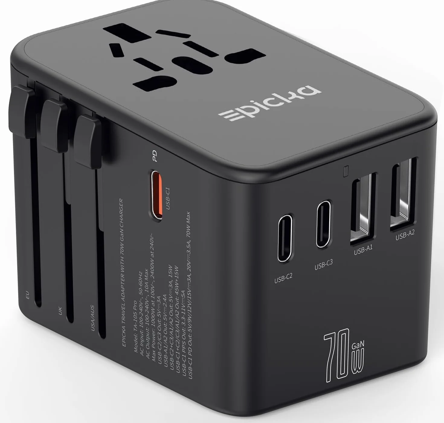 EPICKA GaN Adapter Podróżny, 70W PD Adapter Podróżny do Szybkiego Ladowania, Uniwersalna Adapter z 3 USB-C, 2 USB-A, Międzynarodowy Adapter do Gniazda do DE USA, UK, Japonii, Tajlandii
