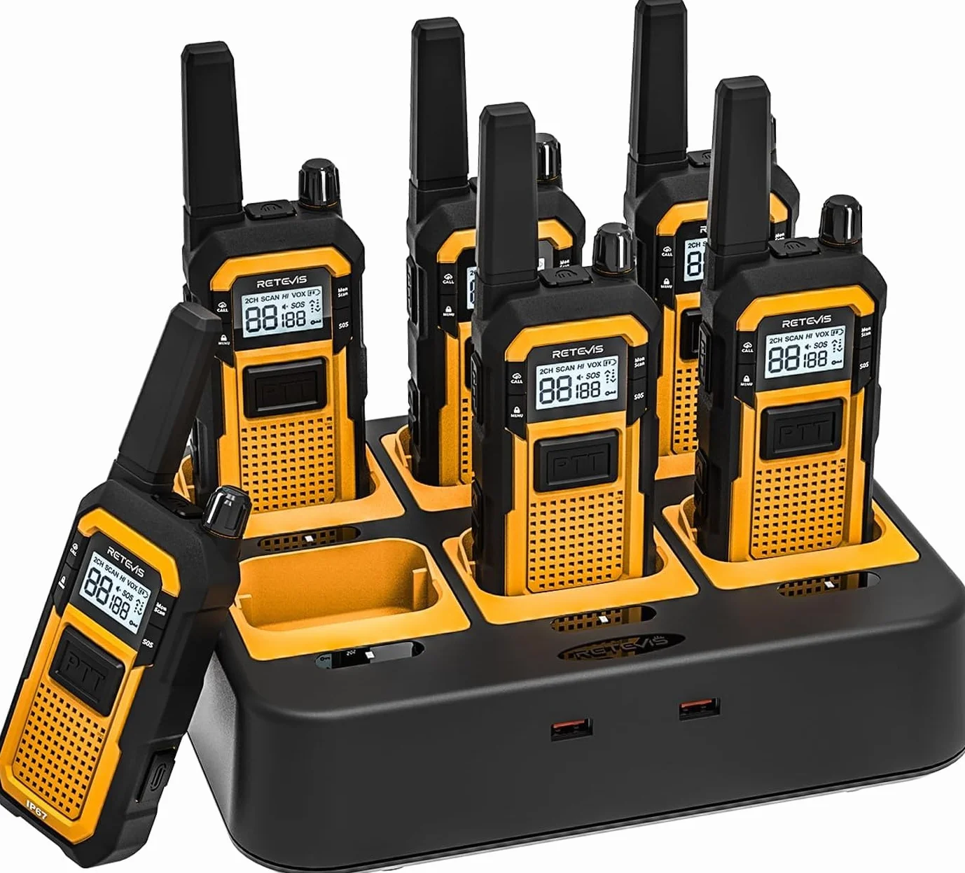 Retevis RB648 Walkie Talkie, IP67 Wodoodporne Radio Z 6-DrożNą łAdowarką, 2000mAh, Podwójny PTT, Wibracja VOX, Wytrzymałe Walkie Talkie dla Dorosłych, Miejsca Pracy, Przemysłowe (6 Szt., Żółty)