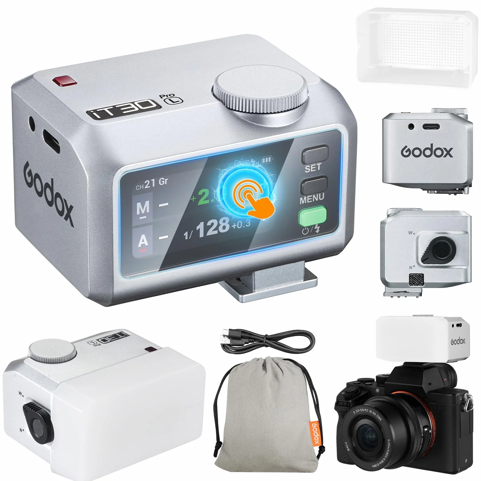 Godox iT30Pro-L iT30Pro L Mini lampa błyskowa do aparatu z białym dyfuzorem kompatybilny z Speedlite560 moc bezprzewodowa 2,4 GHz TTL ekran dotykowy do lustrzanek cyfrowych Leica (srebrny)