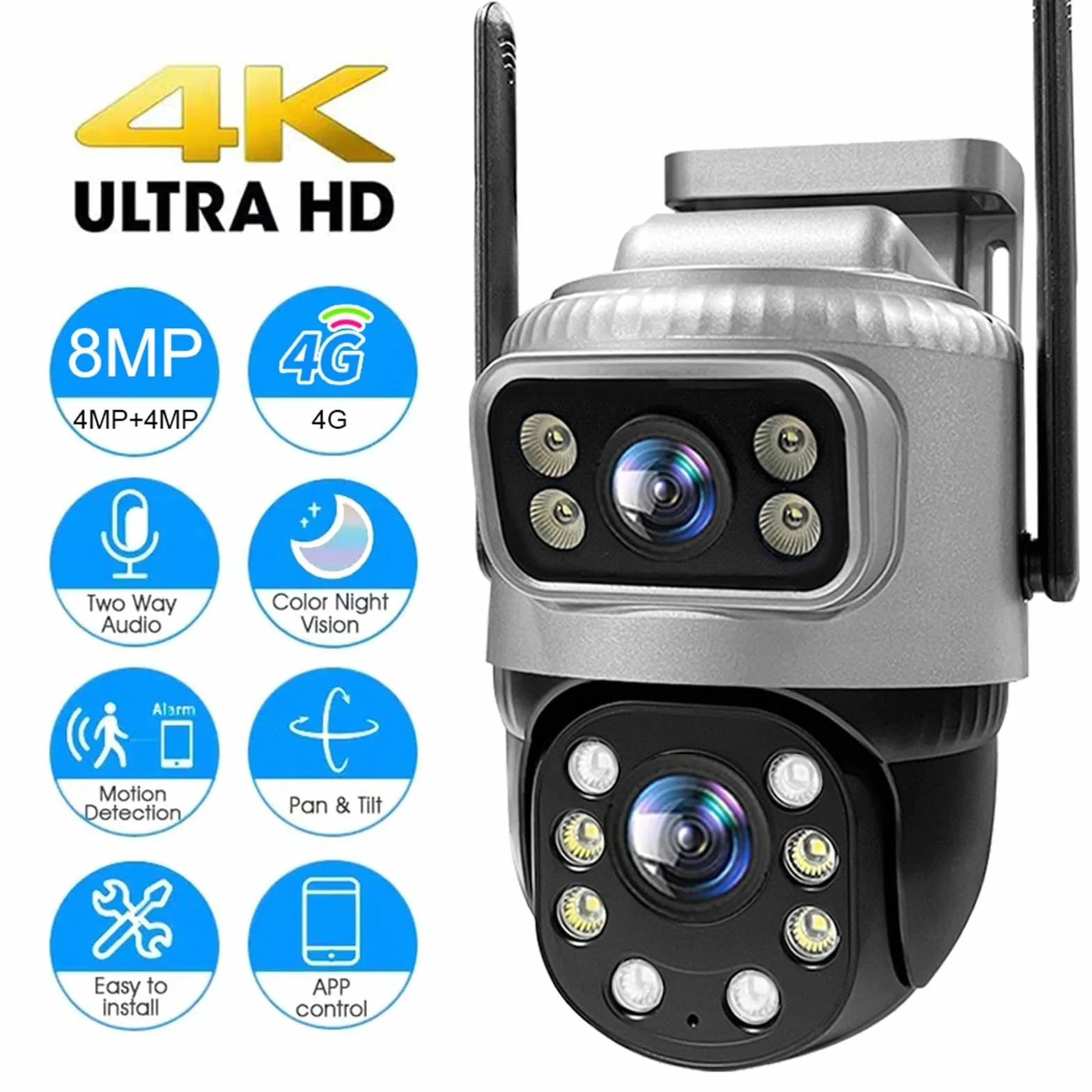 Kamera bezpieczeństwa, Kamera IP 4G z podwójnym obiektywem, 4 MP, 4K, wodoodporna, do monitoringu zewnętrznego, inteligentny dom, noktowizor, ochrona CCTV(WIFI Cam 128G Card)