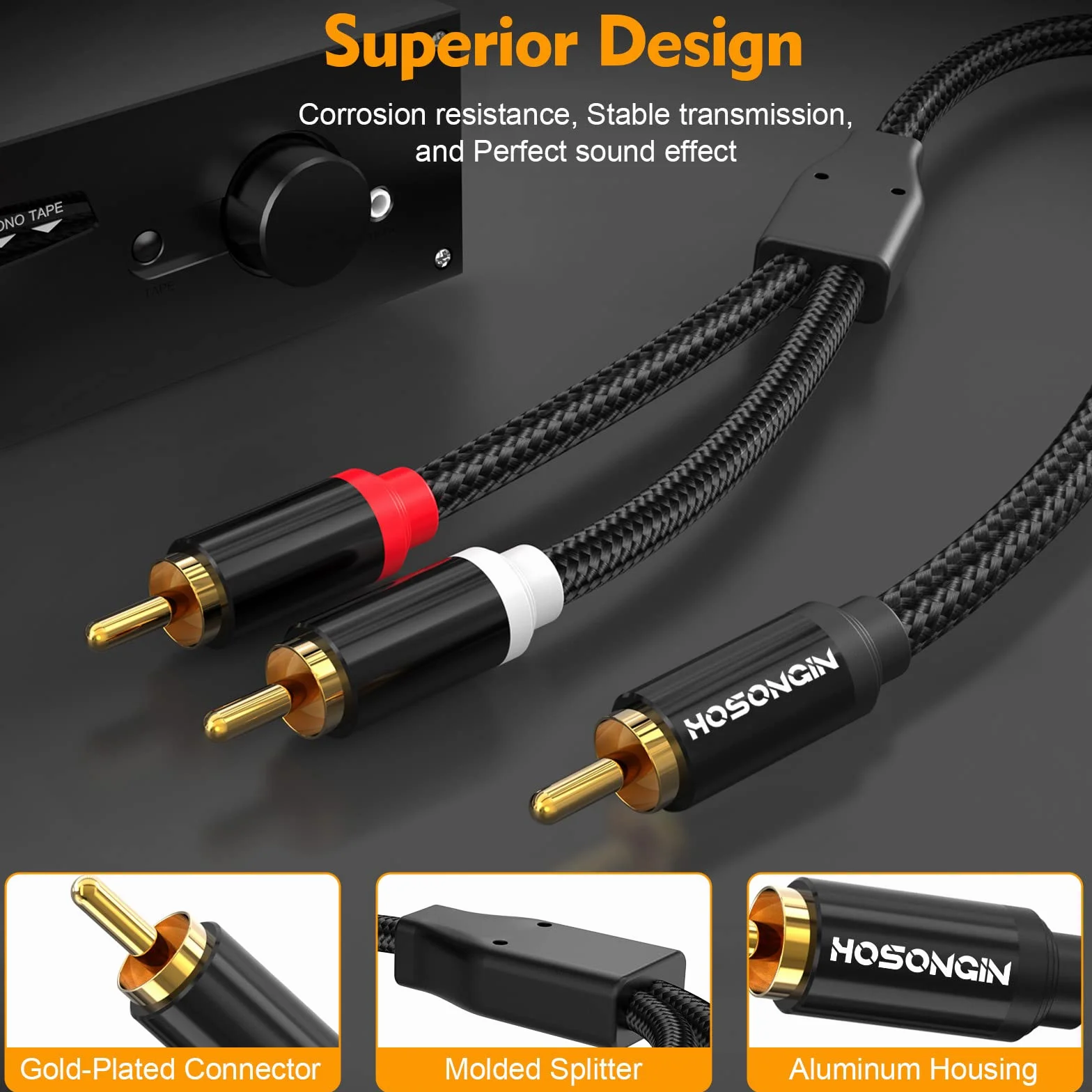 HOSONGIN Kabel rozdzielający RCA Y, 1 męski na 2 męskie kable audio (2 sztuki), 30 cm, pozłacany 24-karatowym złotem, pleciony bawełniany, ekranowany kabel subwoofera do wzmacniaczy, telewizora, kina