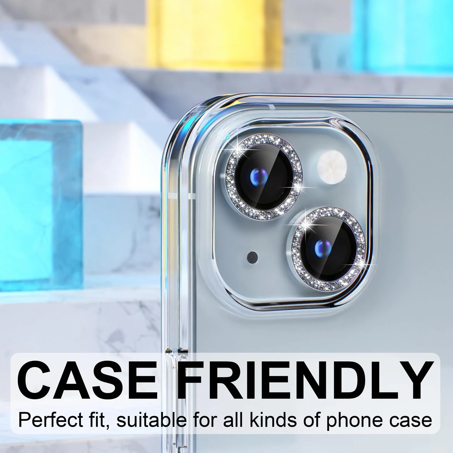 Choiche Osłona obiektywu aparatu kompatybilna z iPhone 15 iPhone 15 Plus brokat srebrny | Bling, szkło hartowane 9H, osłona ekranu aparatu, metalowa dekoracja pierścienia, akcesoria