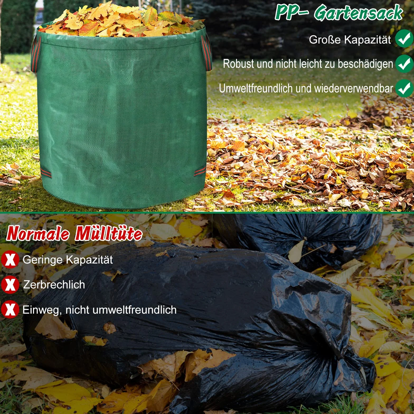 Froadp 272L Składane Worki na Odpady Zielone Ogrodowe 150g/m² PP Przenośny Worek na Liście z Uchwytami Duży Worek na Trawę Ogrodowy na Liście z Trawy Zielone Pojemnik na Odpady ogrodowe (6 szt)