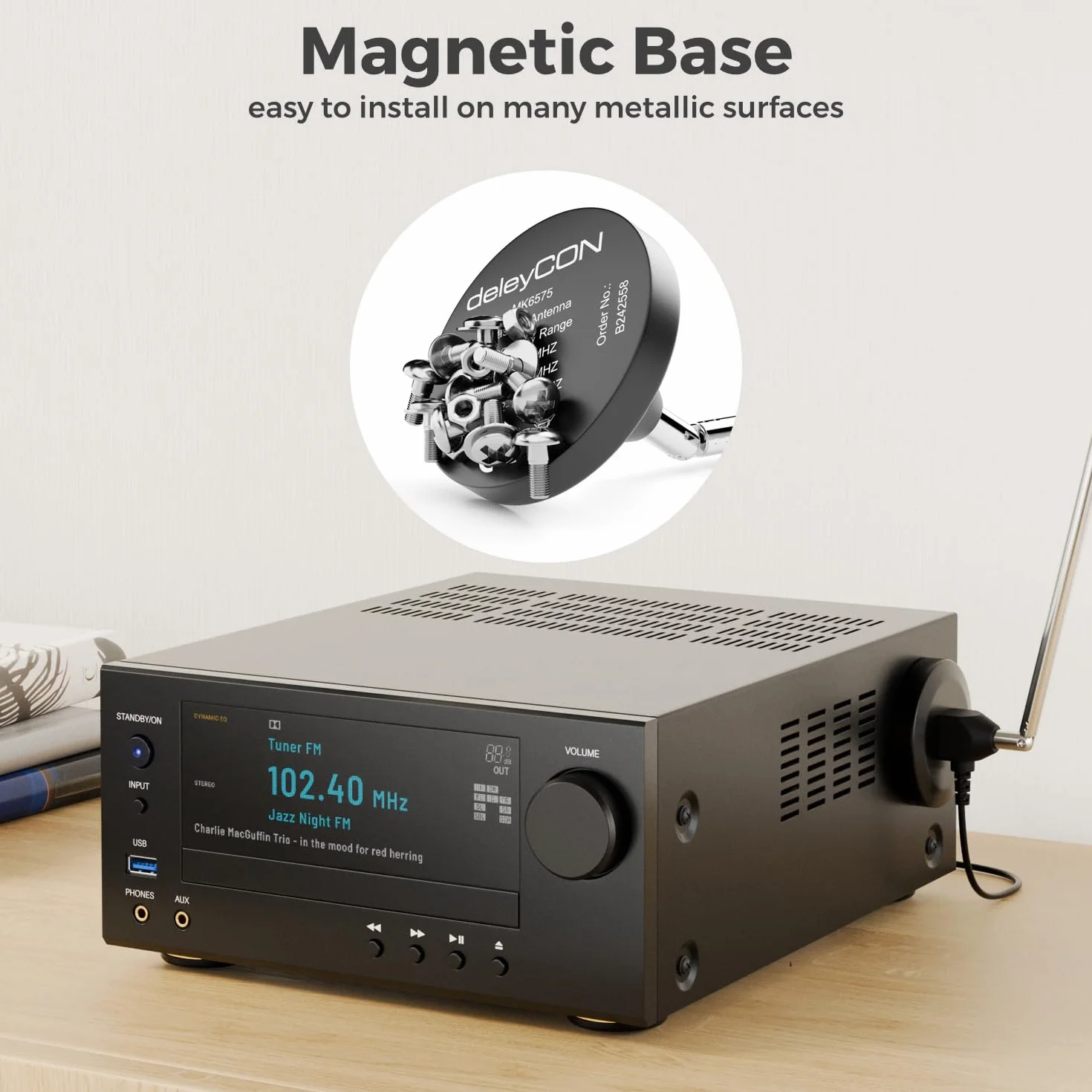 deleyCON Antena Radiowa DAB+ UKW FM 75 Ohm 3,0m z Podstawą Magnetyczną