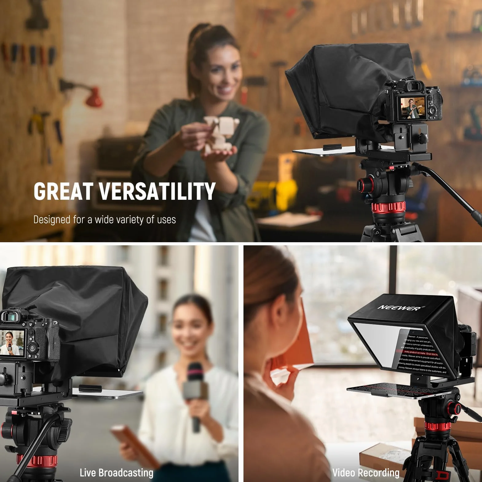 NEEWER BASICS X12B podnoszony teleprompter ze stopu aluminium 12" do iPada, tabletu, telefonu, lustrzanki, pilota zdalnego sterowania i sterowania aplikacją, kompatybilny z systemem iOS Android, Pro