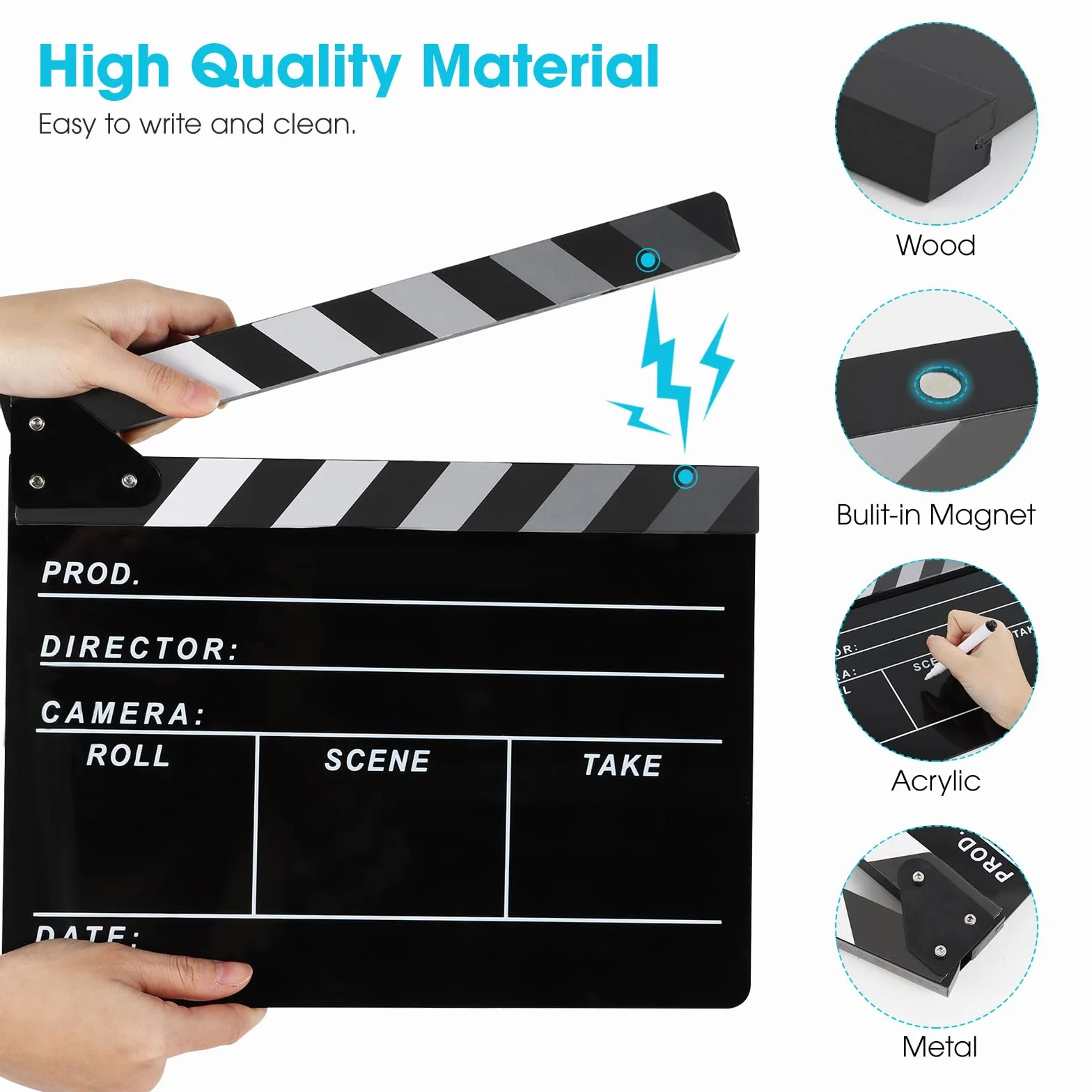 Reżyserzy filmowi Clapboard, Move Slate Photography Video TV Cut Action Scene Akrylowe rekwizyty z magnetyczną gumką do tablicy, dwa niestandardowe długopisy, ściereczka do czyszczenia i klucz