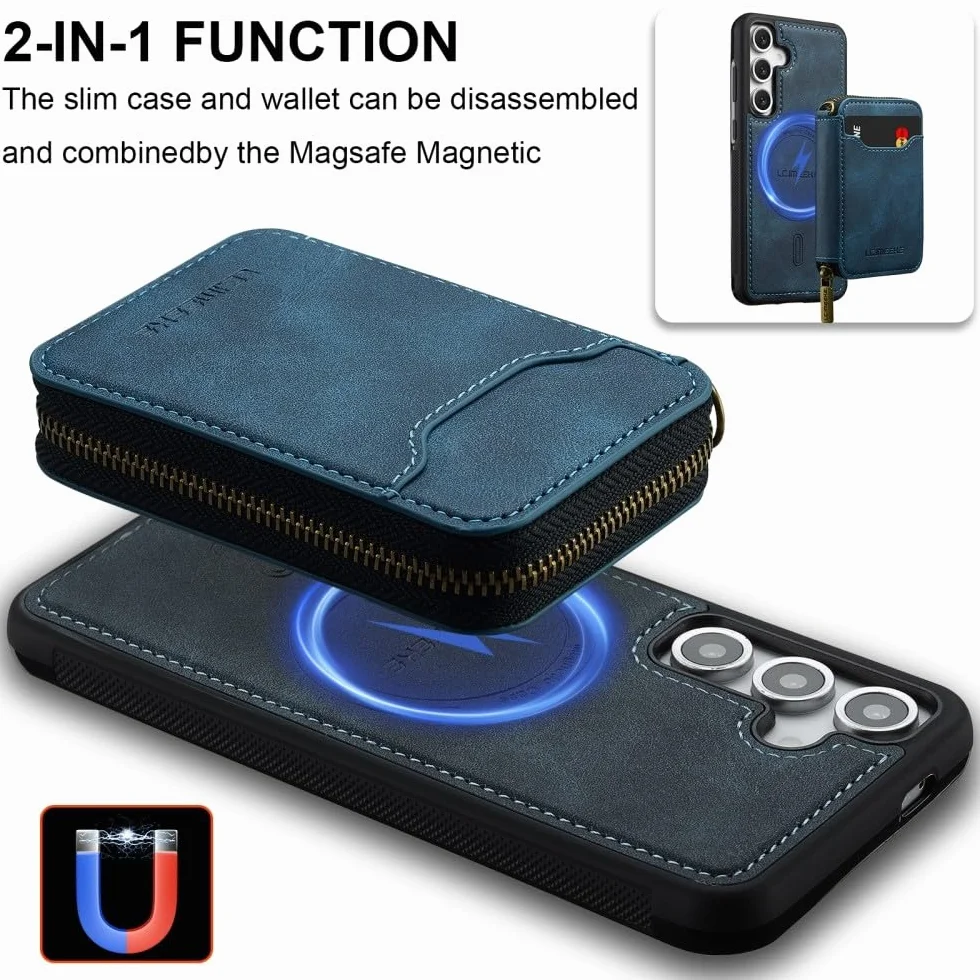 Generic etui kompatybilne z Samsung Galaxy S24 FE (kolor: ciemnoniebieski) magentny portfel pokrowiec na zamek błyskawiczny skórzany tył silikonowe etui z klapką