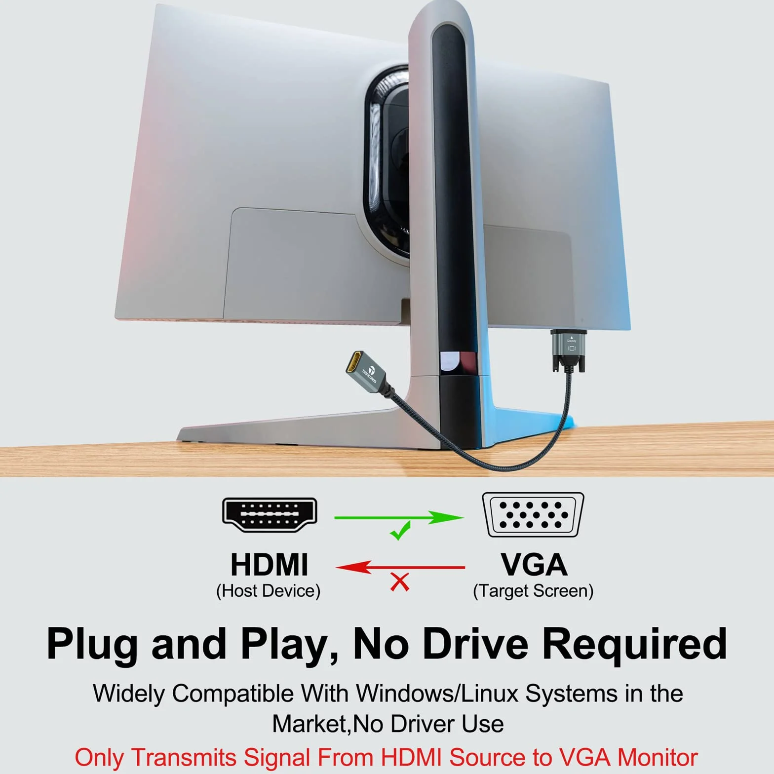 Thsucords Kabel adaptera HDMI na VGA 1M, nylonowy pleciony HDMI żeński na VGA męski przedłużacz wsparcie komputera stacjonarnego laptopa monitora HDTV projektor