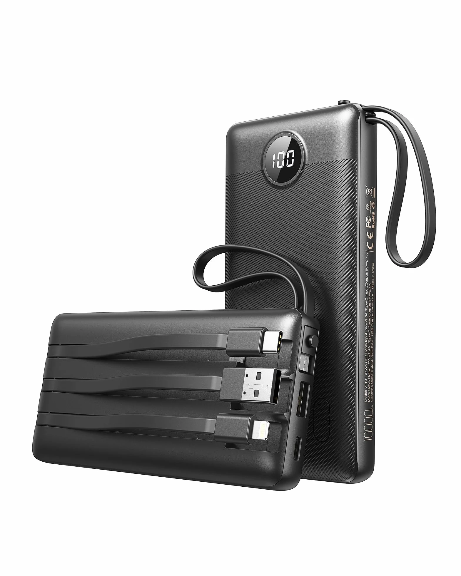 VEEKTOMX Power Bank 10000mAh Powerbank z wbudowanymi kablami, przenośna ładowarka USB C 2.4A szybkie ładowanie przenośna ładowarka z 5 wyjściami i wyświetlaczem LED do iPhone'a 15 pro/iPad/Galaxy S22