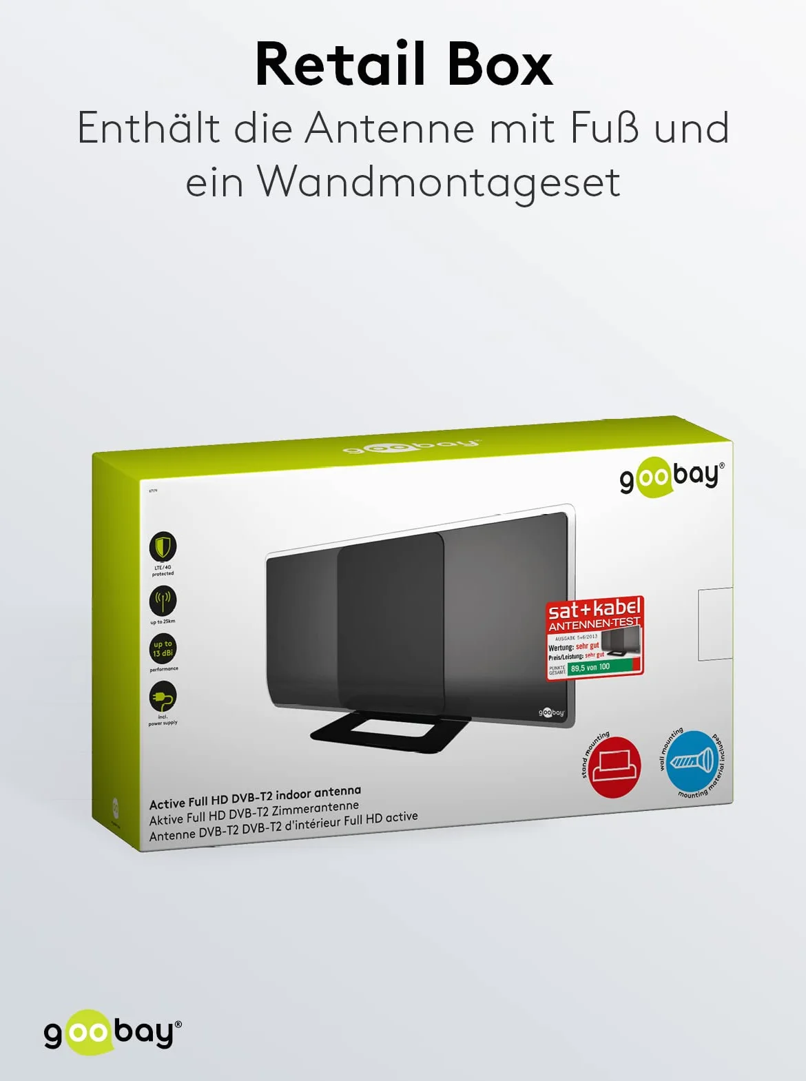 Goobay 67179 Aktywna antena pokojowa Full HD DVB-T z filtrem LTE/4G