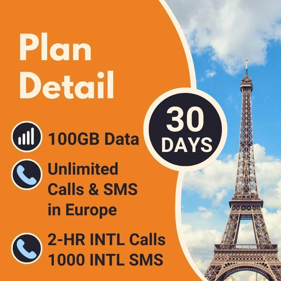 Przedpłacona karta SIM Orange Holiday Europe już na 30 dni 100 GB danych internetowych 5G/4G LTE (dozwolone tethering danych) + 120 min połączeń międzynarodowych + 1000 SMS-ów