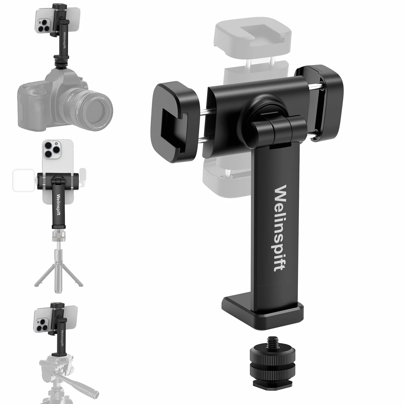 Obrotowy o 360° uchwyt na statyw do telefonu z podwójnym zaciskiem sprężynowym, zimna stopka i śruba 1/10.2 cm, lekki, uniwersalny klips na telefon do iPhone'a, Samsunga, statywów, nachylenie 180°