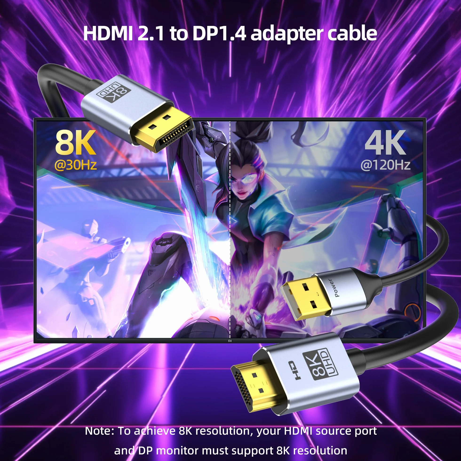 fairikabe kabel adapter HDMI 2.1 do DisplayPort 1.4 4K@144Hz, 1,8 m, kabel aktywny jednokierunkowy HDMI 4K@120Hz/8K do Display Port, kabel monitora 8K, konwerter do komputera PC PS5 Xbox, złącze wtyk
