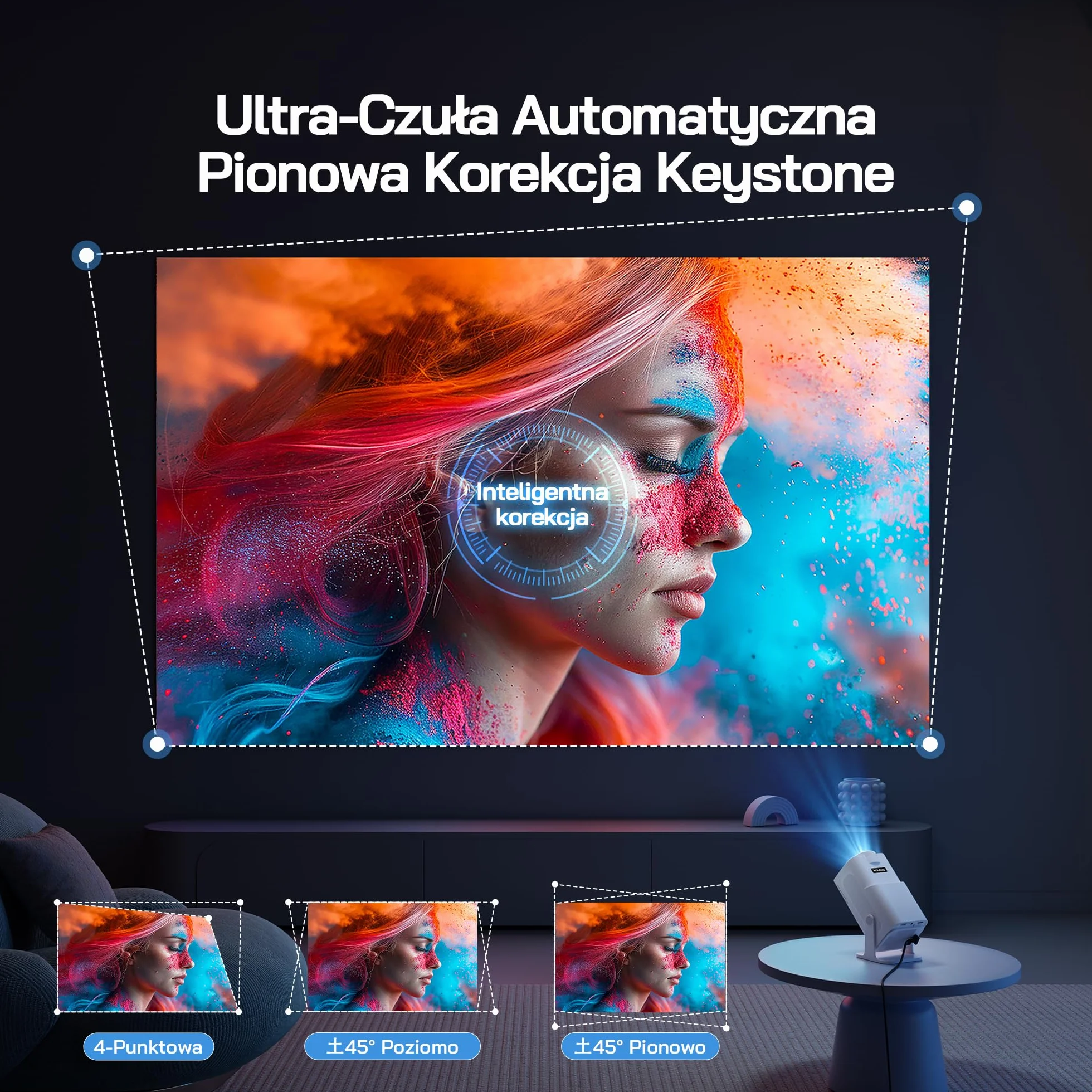 WOLFANG WP03 Mini Projektor 1080P z Aplikacją na Androida, Przenośny Projektor z WiFi i Bluetooth do Kina Domowego, Korekcja Trapezowa Czterech Narożników, Obrotowy o 180° Zewnętrzny Projektor Filmowy