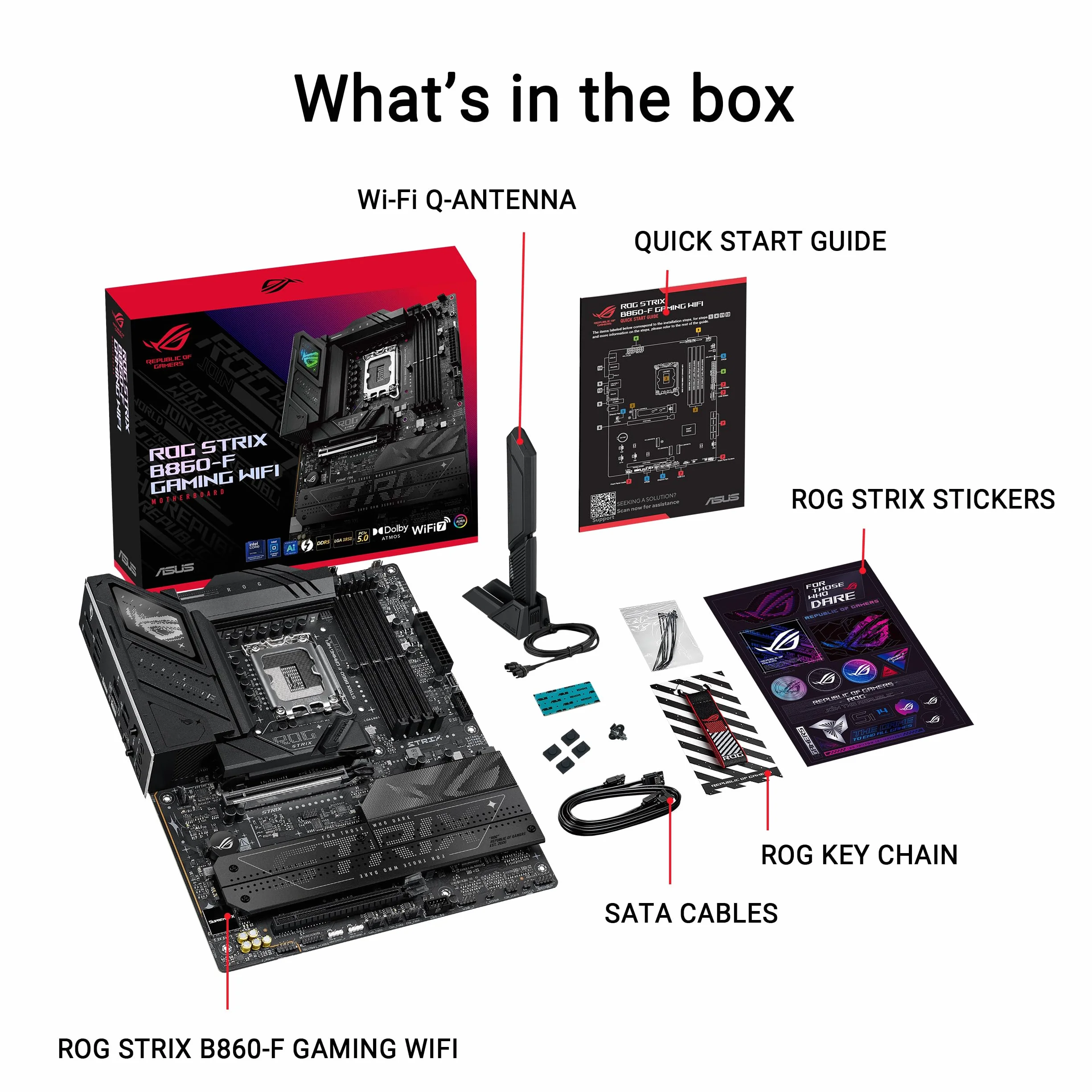 ASUS ROG Strix B860-F Gaming WiFi, Płyta główna ATX, gotowa do komputerów PC z zaawansowaną SI, 16+1+2+1 stopnie zasilania, gniazda DDR5, PCIe 5.0, cztery gniazda M.2, WiFi 7, oświetlenie Aura Sync