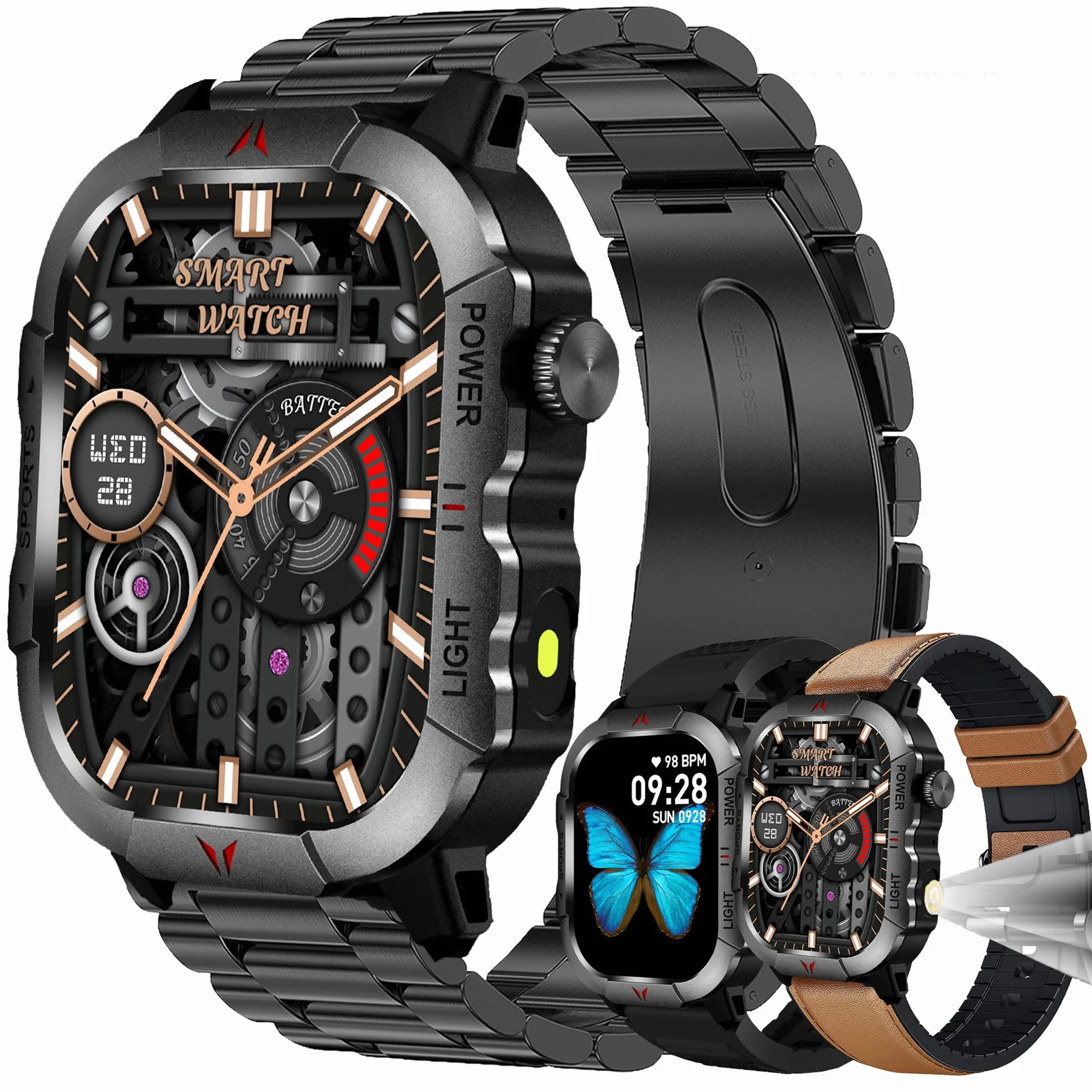AMOLED Męski smartwatch 2,01" z połączeniem Bluetooth 5,2 / numeracja, smartwatch kompatybilny z Samsung Huawei, Xiaomi, Android, iOS, współdzielony krokomierz, GPS 123, sportowy miernik tętna (żółty)
