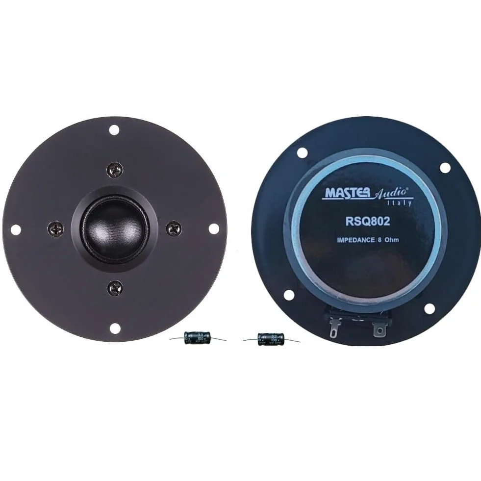 ZESTAW DO MASTER AUDIO RSQ802, 2 głośniki wysokotonowe kopułkowe, 100 W rms, maks. 200 W, 10 cm 4", impedancja 8 omów, cewka drgająca 25 mm, do domu, czarny, w parach + darmowe kondensatory