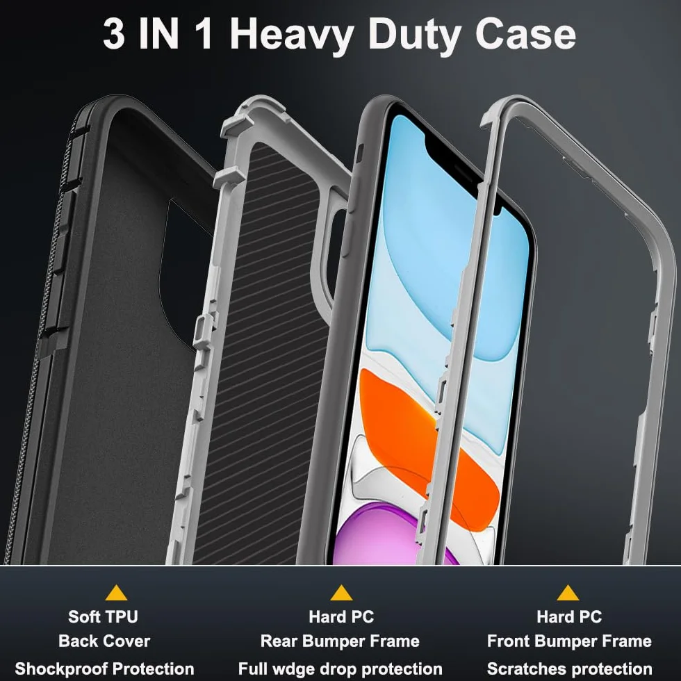 Etui do iPhone'a 11 z 2 szt. ochraniaczy ekranu ze szkła hartowanego i 1 szt. ochraniaczy obiektywu aparatu, klasa wojskowa 3 w 1, wytrzymałe, odporne na wstrząsy, upadki, kurz, czarne