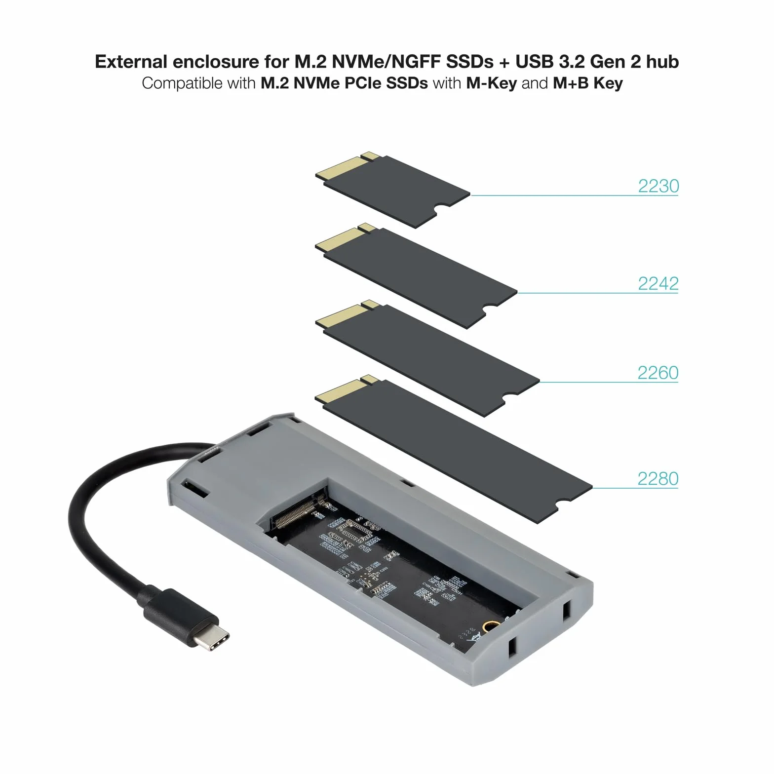 TOOQ TQE-2241G obudowa zewnętrzna do dysków SSD M.2 NGFF/NVMe + USB 3.2 Gen2 HUB z 1 x USB-C/PD + 2 x USB-A + USB-C + HDMI, szary