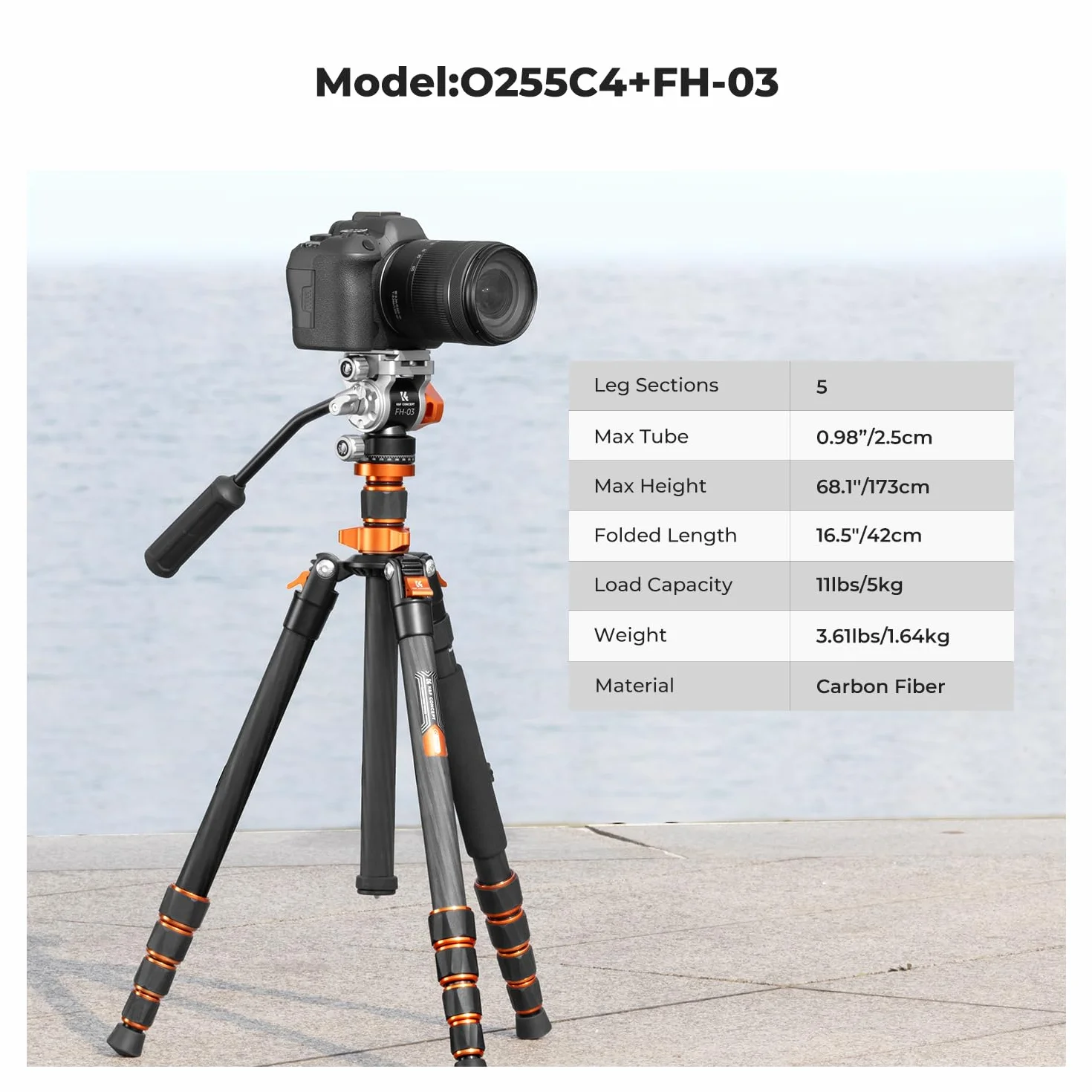 K&F CONCEPT Statyw z włókna węglowego 173 cm, statyw fotograficzny z głowicą hydrauliczną ± 90°, statyw wideo monopod 182 cm z szwajcarską Arca do lustrzanki, Max 5kg, O255C4+FH-03