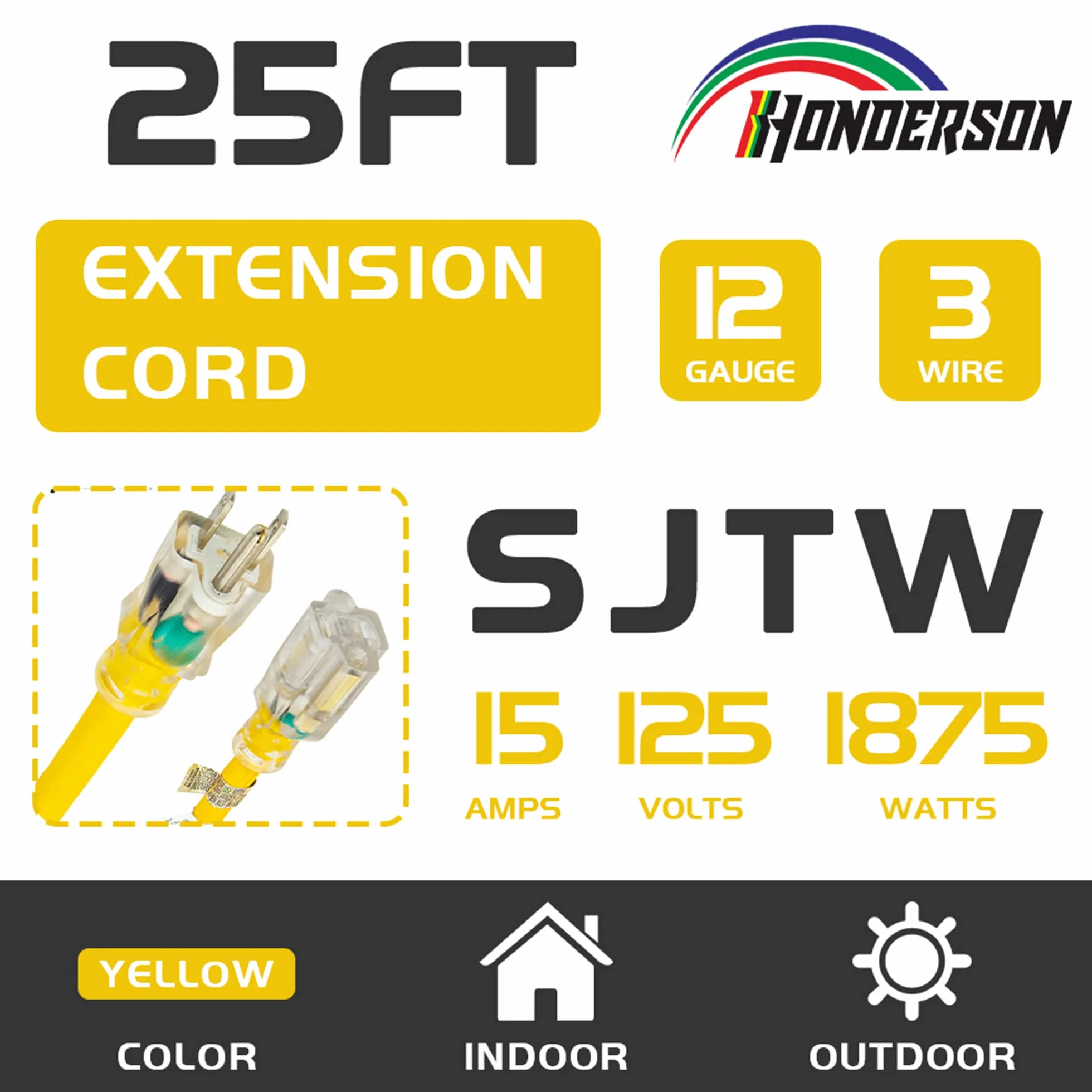 Podświetlany zewnętrzny przedłużacz 12/3, 12 Gauge, 3 bolce, SJTW, wytrzymały, żółty kabel przedłużający z 3-bolcową wtyczką uziemioną dla bezpieczeństwa, na liście UL