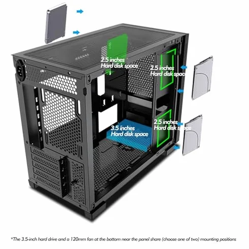 Obudowa na komputer z bocznym panelem ze szkła hartowanego i pionowym uchwytem GPU do konstrukcji M-ATX/ITX, konstrukcja panelu przedniego z siatką