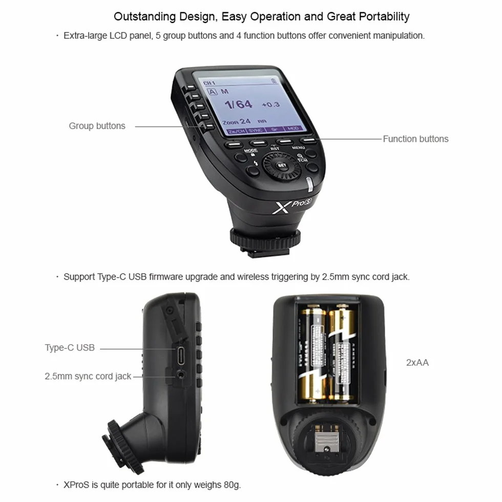 Godox XPro-S TTL bezprzewodowy wyzwalacz lampy błyskowej do kamery Sony Wirless X System 1/8000s HSS z dużym ekranem LCD ukośna konstrukcja TTL-Convert-ręczna funkcja nadajnik flash