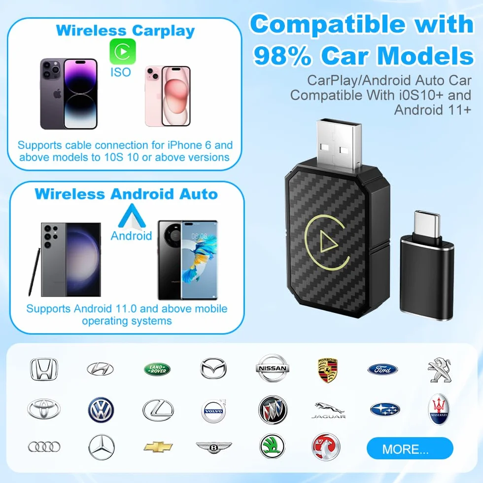 Bezprzewodowy adapter bezprzewodowy Android Auto i Carplay, bezprzewodowy adapter Carplay 2025, 2 w 1, konwersja Wired Android Auto/Car Play in Wireless do pojazdów z Carplay