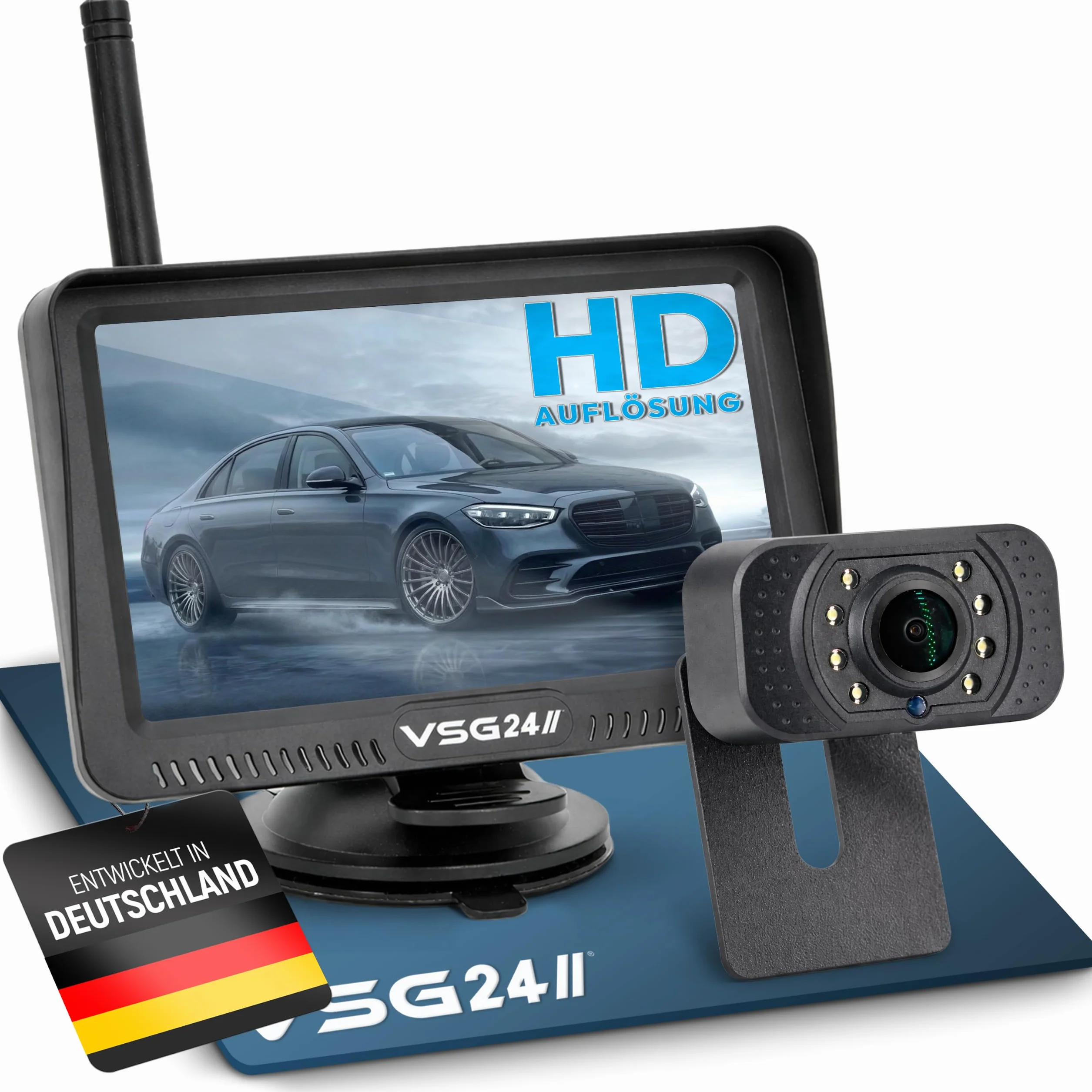 VSG 24 24146 – 4,3" radiowy system cofania do samochodów osobowych, zestaw kamer RVS, rozdzielczość 600TV, widoczność w nocy, kąt 120°, 12V, dopuszczenie do ruchu elektronicznego, IP68 - czarny