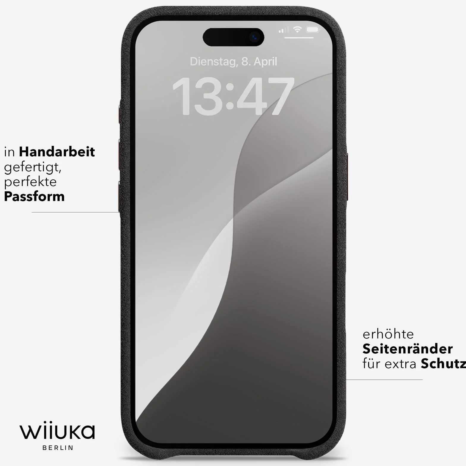 WIIUKA Etui do iPhone 15 Pro Max, oryginalne Alcantara®, ręcznie wykonane, bardzo cienkie, premium etui na telefon komórkowy, Case, Qi, alternatywa dla skóry, skiin Alcantara, czarne