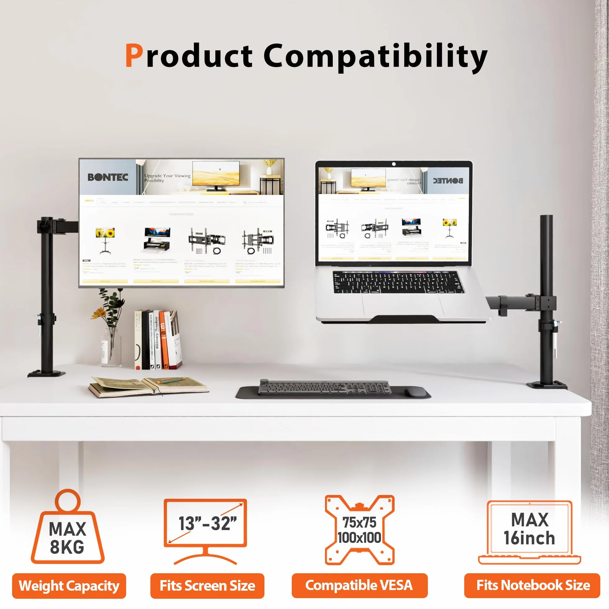 REDBAT Ergonomiczny Uchwyt na Laptopa do 16″ z Regulacją Wysokości i Półką na Monitor 13-32″ - Stojak na Biurko z 2 Opcjami Montażu, VESA 75x75/100x100mm, Do 8 kg