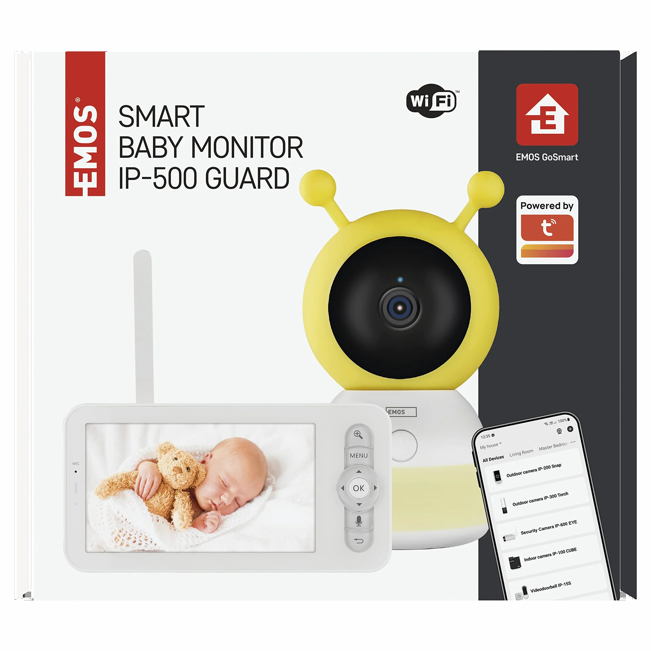 EMOS GoSmart elektroniczna niania IP-500 Guard z 5-calowym monitorem LCD i akumulatorem 3000 mAh, WiFi i aplikacją, obrotowa, regulacja ostrości, 2-drożne audio, widoczność w nocy na podczerwień,