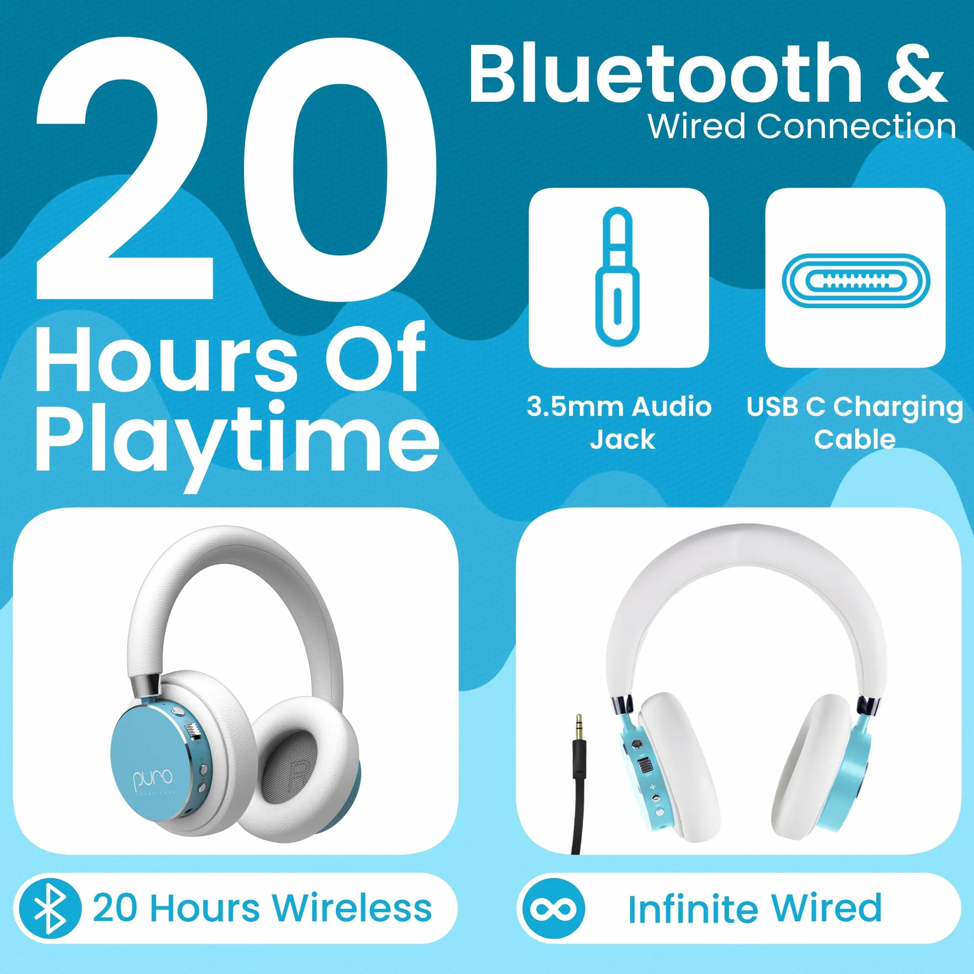 Puro Sound Labs BT2200 Plus dziecięce słuchawki Bluetooth, ograniczające głośność, 85 dB, dźwięk studyjny, nauszne i wygodna konstrukcja, 20 godzin pracy baterii, łatwe do podłączenia, bezprzewodowe