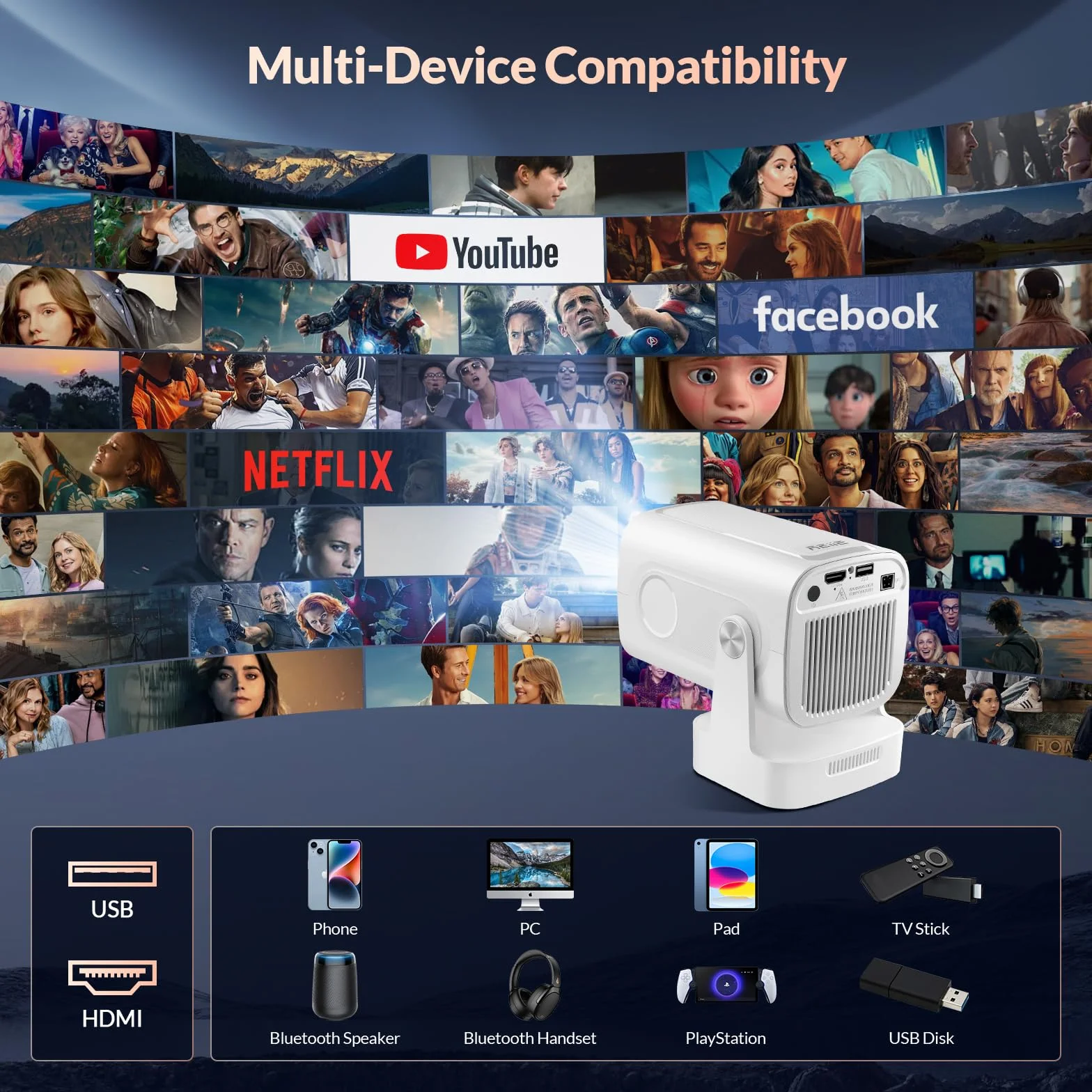 HY260PRO Mini projektor o wysokiej rozdzielczości FHD 1080P i obsługuje 4K, 5G WiFi 6 + BT 5.4 z systemem Android 11.0, przenośna konstrukcja i pilot z myszką powietrzną, zewnętrzny projektor wideo do