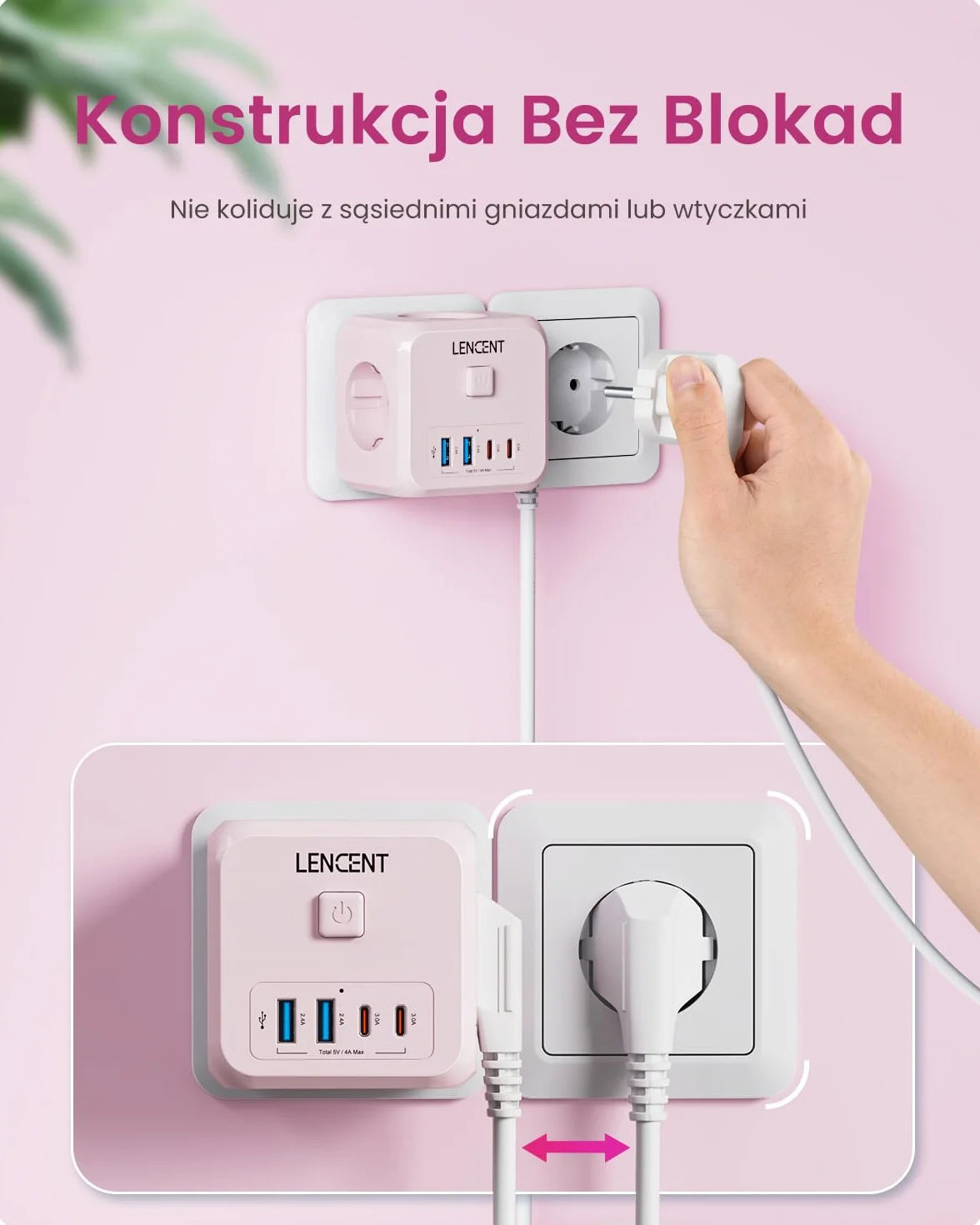 LENCENT Listwa Zasilająca 7 w 1, Listwa Zasilająca 4000 W, Wielokrotne Gniazdko z Przełącznikiem, 3 Gniazda AC, 2 USB-A i 2 Typu C, Rozszerzenie do Biura, Kuchni i Sypialni, Różowa
