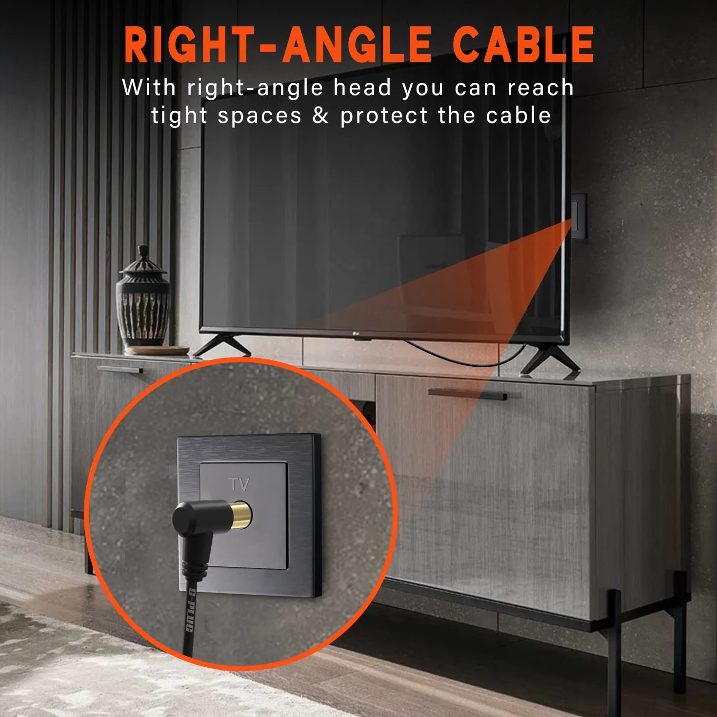 G-PLUG 1.5m kabel antenowy TV z adapterem RF i kątową wtyczką – kabel koncentryczny wtyk-wtyk, pozłacany – przedłużacz do telewizora, tunera DVB-T2, dekodera satelitarnego