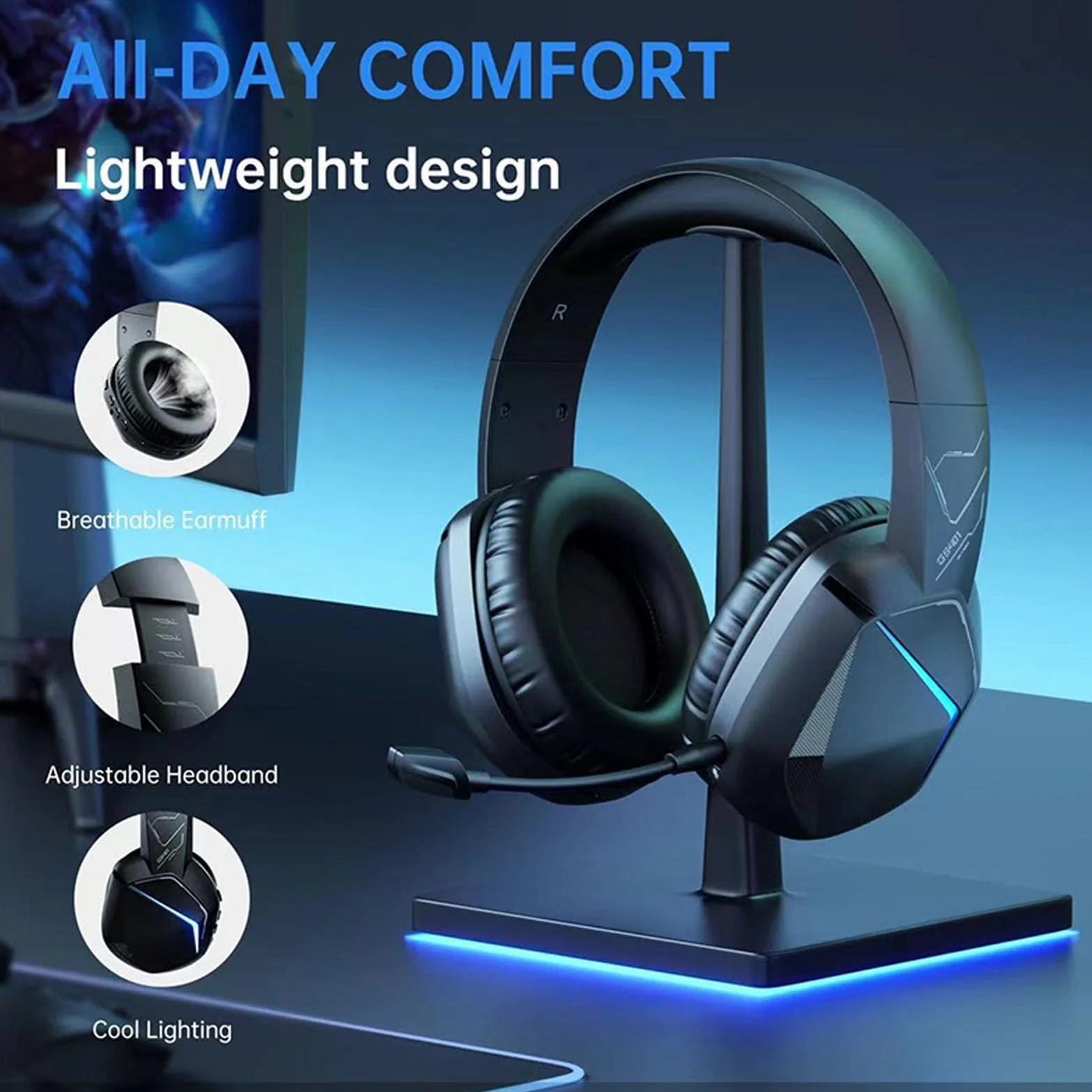 Bezprzewodowy Zestaw Słuchawkowy do Gier z Mikrofonem, Słuchawki do Gier Bluetooth, Bateria 45 Godzin, Fajne Oświetlenie RGB, Dźwięk Stereo, Ergonomiczna Konstrukcja, do Laptopa