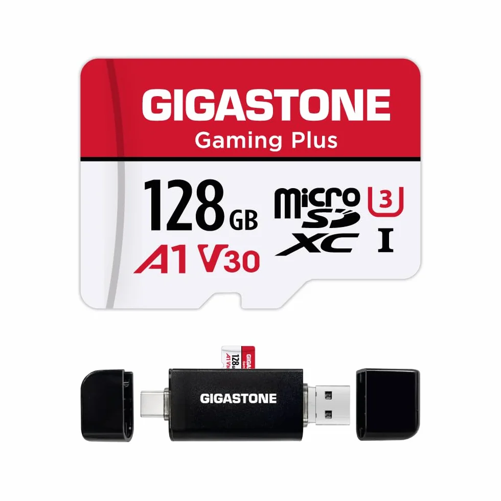 [Gigastone] Karta micro SD 128 GB z czytnikiem kart USB typu C, karta pamięci Gaming Plus, karta pamięci MicroSDXC do Nintendo Switch, nagrywanie wideo 4K, UHS-I A1 U3 V30 C10, do 100 MB/s, z