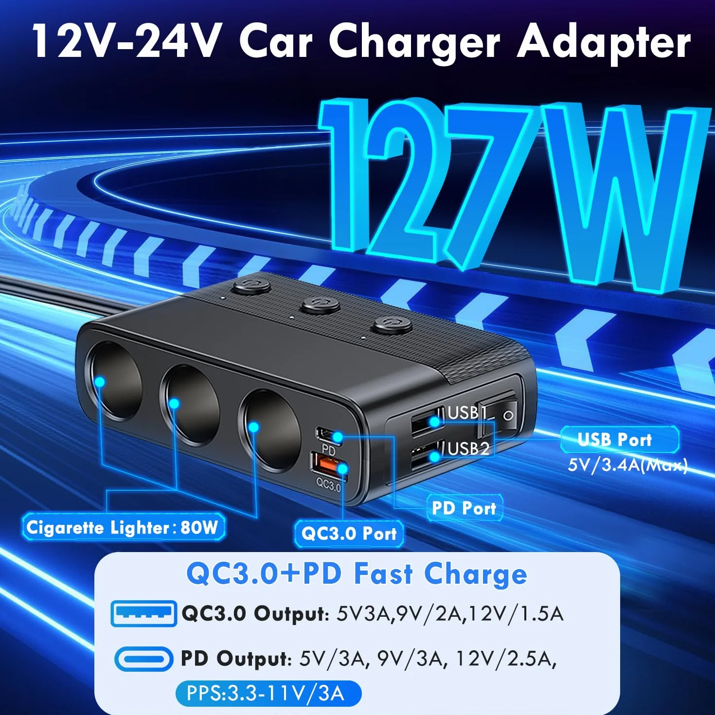 Rozdzielacz Zapalniczki Samochodowej 12V/24V, Ładowarka Samochodowa PD QC3.0 USB 127W z 3 Gniazdami i 4 Portami USB, Rozdzielacz Zapalniczki z Woltomierzem LED i Przełącznikiem