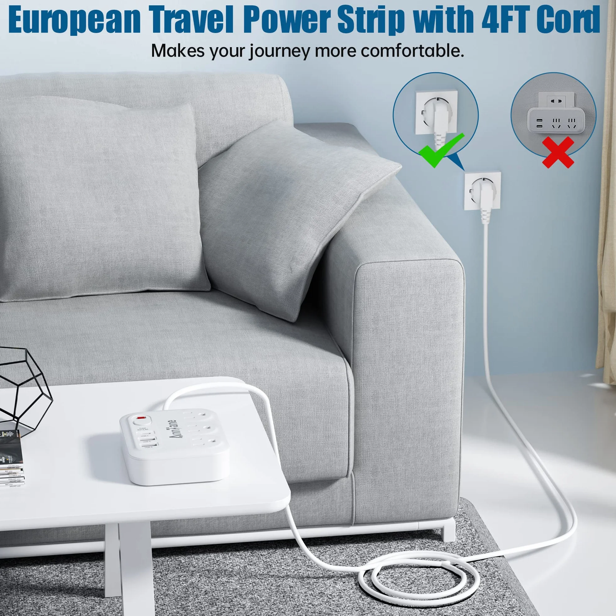 European Travel Plug Adapter with 4FT Extension Cord, (Not for UK) US to European International Plug Adapter Travel Essentials France Germany Greece