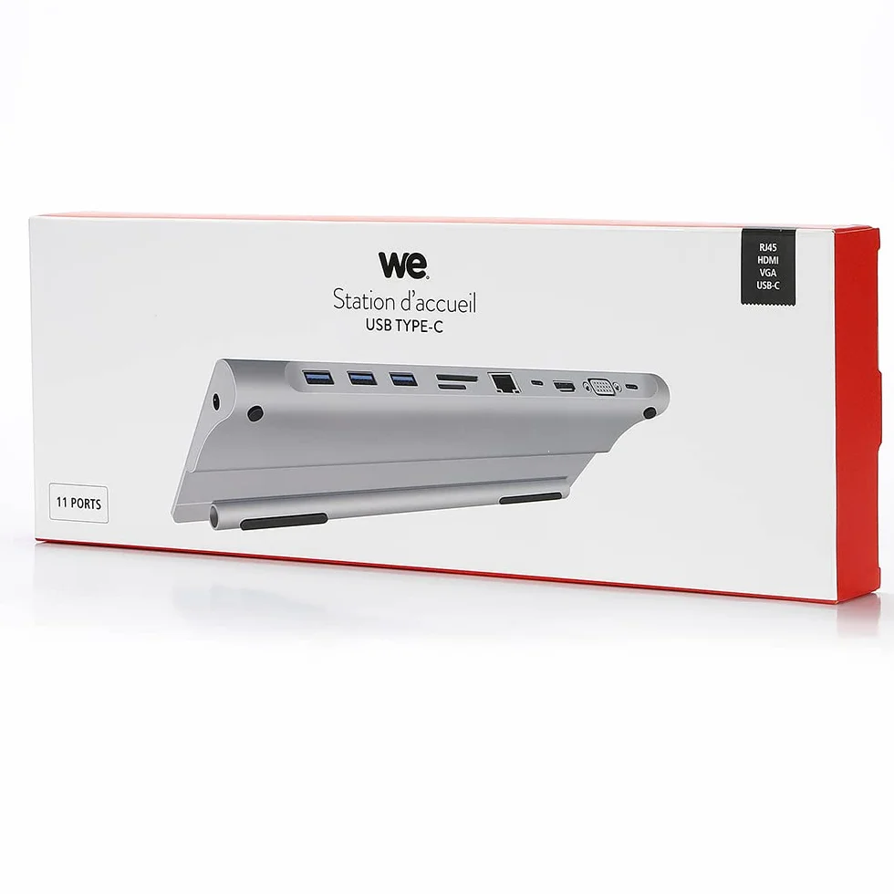 WE 11PORT USB-C HUB HDMI 4K/60HZ, RJ45 1000 Mpbs, VGA, 3 x USB3.0, ładowanie USB-C 100 W lec Micro SD/SD, Jack 3.5, port USB-C umożliwiający przesyłanie.