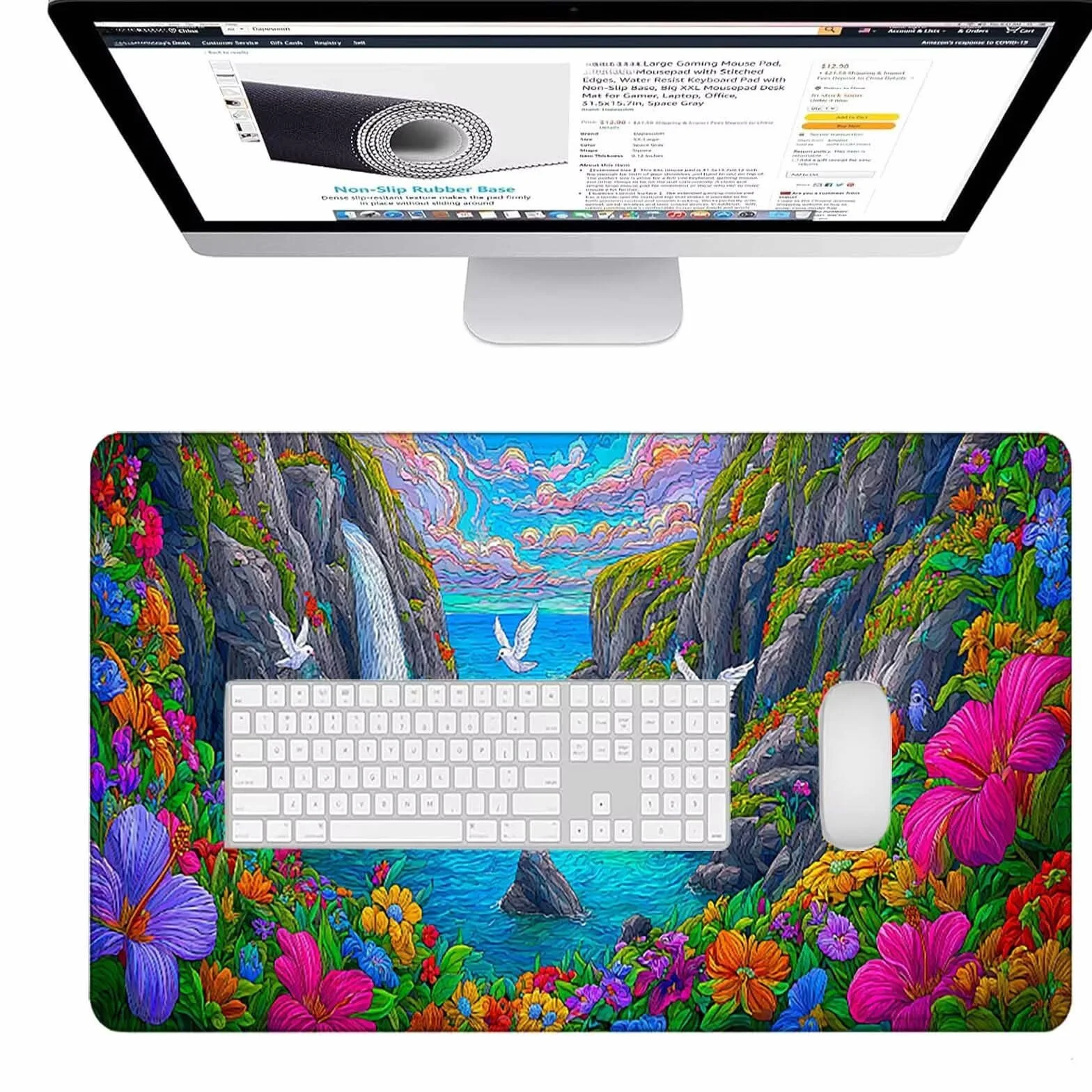 Różowa podkładka pod mysz 1200 x 600 x 3 mm duża podkładka pod mysz XXL kwiat pod ręką biuro gracz, szyte krawędzie, antypoślizgowa gumowa podstawa podkładka pod mysz do komputera, dekoracja wnętrz l