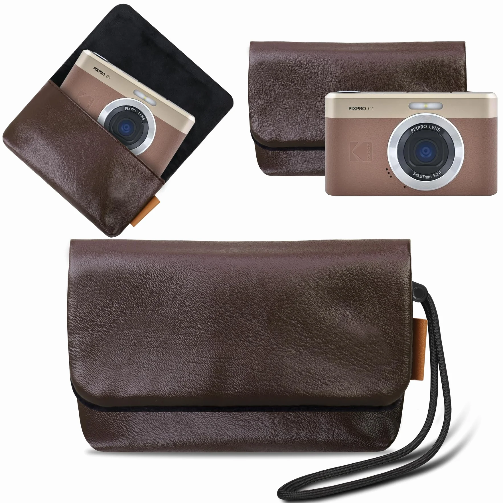 Lacdo Futerał na Aparat Fotograficzny do KODAK PIXPRO C1 Friendly Zoom Digital Camera, Miękkie skórzane ochronne etui aparat, Kompaktowy KODAK PIXPRO C1 Torba na aparat z paskiem na nadgarstek,Brązowy