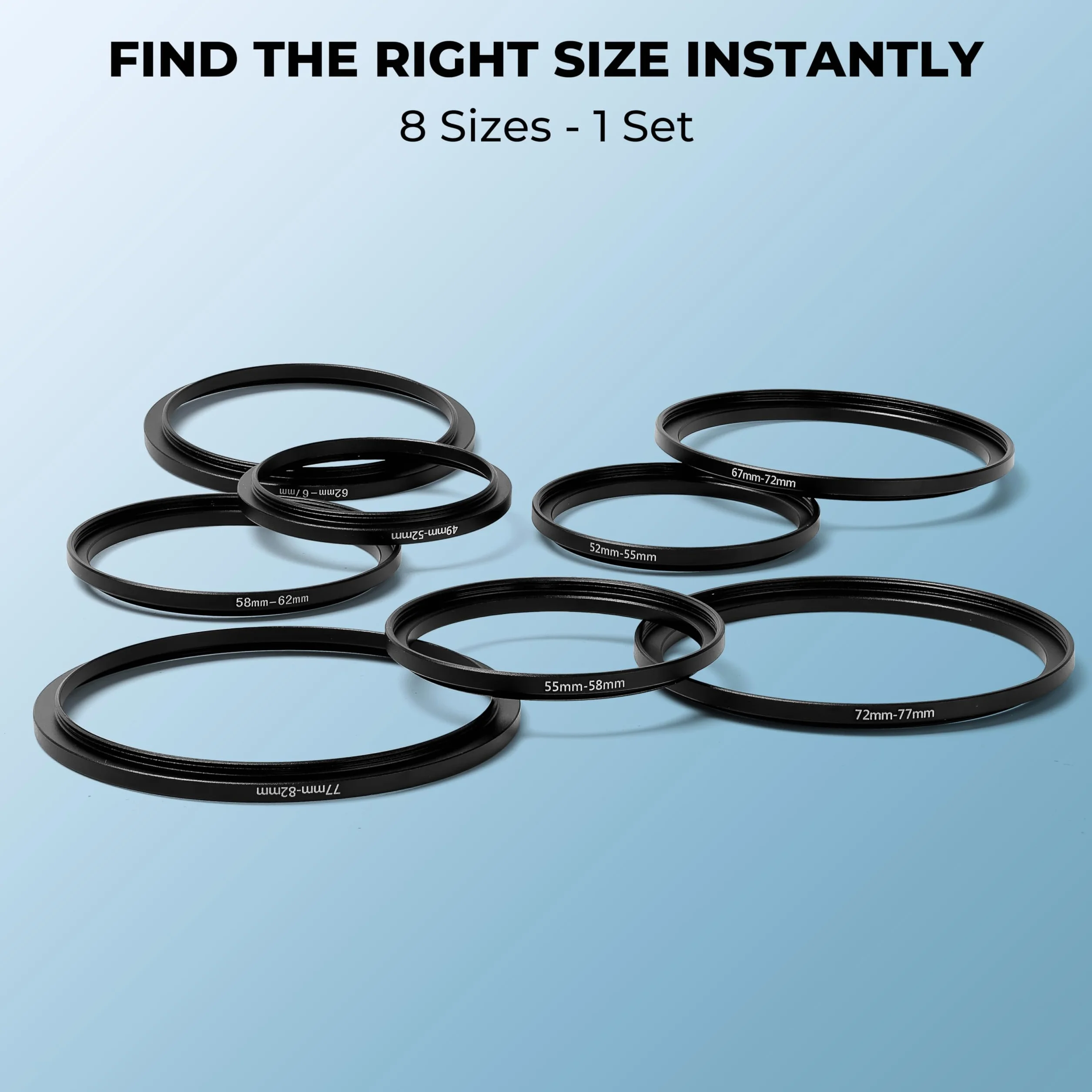 Zestaw 8 Pierścieni Redukcyjnych Step-UP, Adapter Filtra Obiektywu: 49mm 52mm 55mm 58mm 62mm 67mm 72mm 77mm 82mm.