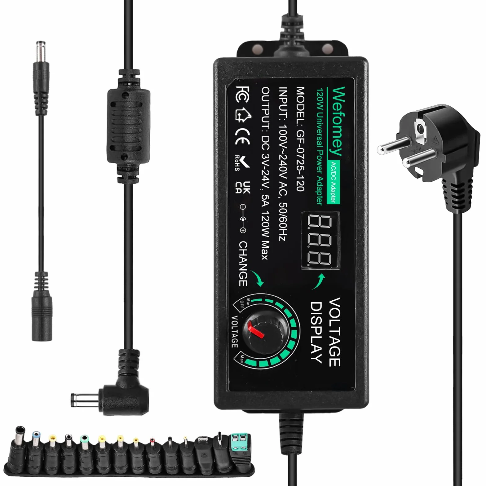 Uniwersalny zasilacz sieciowy 5A 120W regulowany 3V-24V 100V-240V AC na DC z wskaźnikiem LED 14 wtyczkami