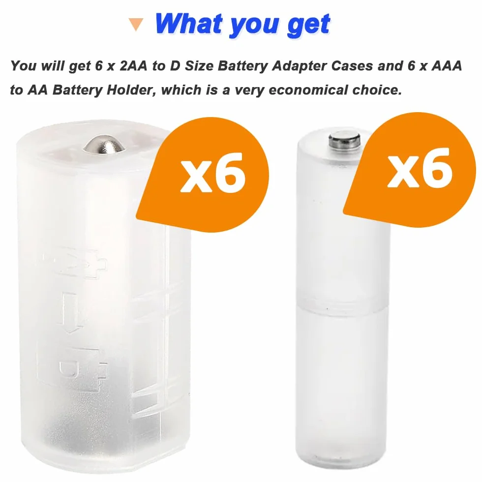 2 AA na D Battery Converter Case & AAA to AA Battery Adapter, 2 AA na D Size Battery Adapter Holder Storage Box for Flashlight (6 szt.)