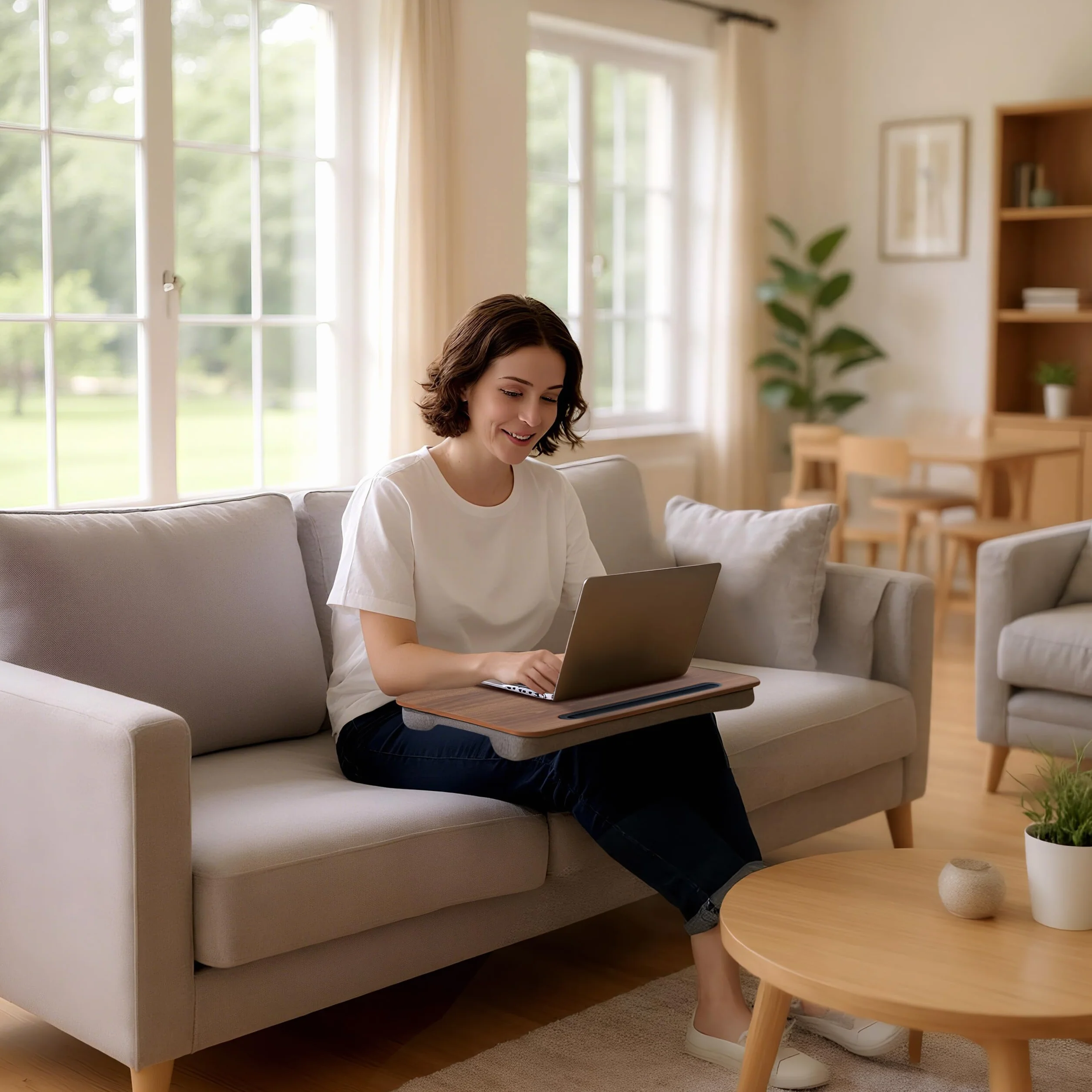 Relaxdays Poduszka na laptopa z uchwytem na telefon komórkowy, szer. x gł.: 42 x 32 cm, podkładka pod laptopa na łóżko i sofę, taca na kolana, brązowa/szara